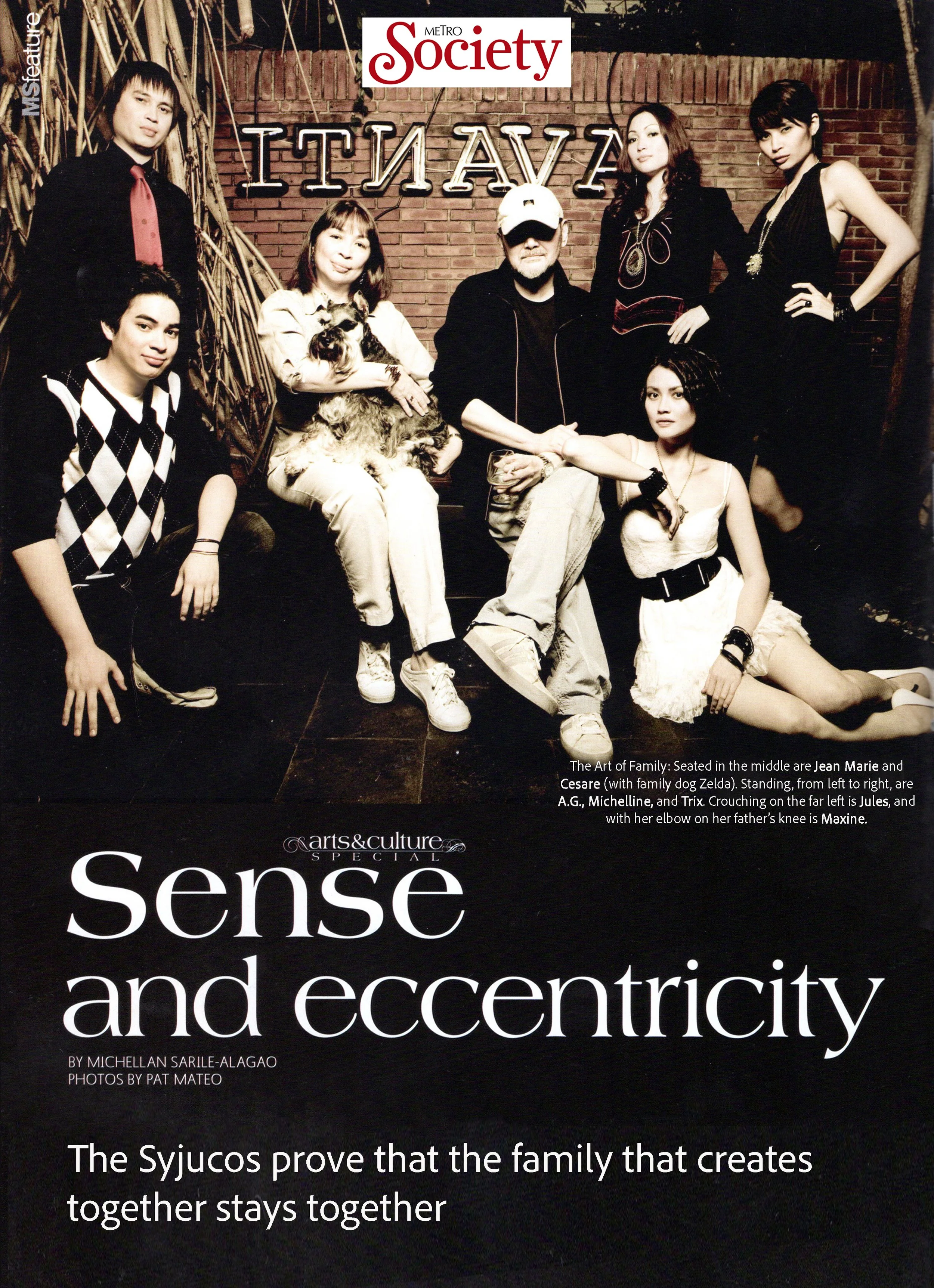 Magazine cover from Metro Society featuring a portrait of the Syjuco family titled "Sense and Eccentricity" - Cesare A.X. Syjuco, Jean Marie Syjuco, Maxine Syjuco, AG Syjuco, Michelline Syjuco, Beatrix Syjuco and Julian Syjuco