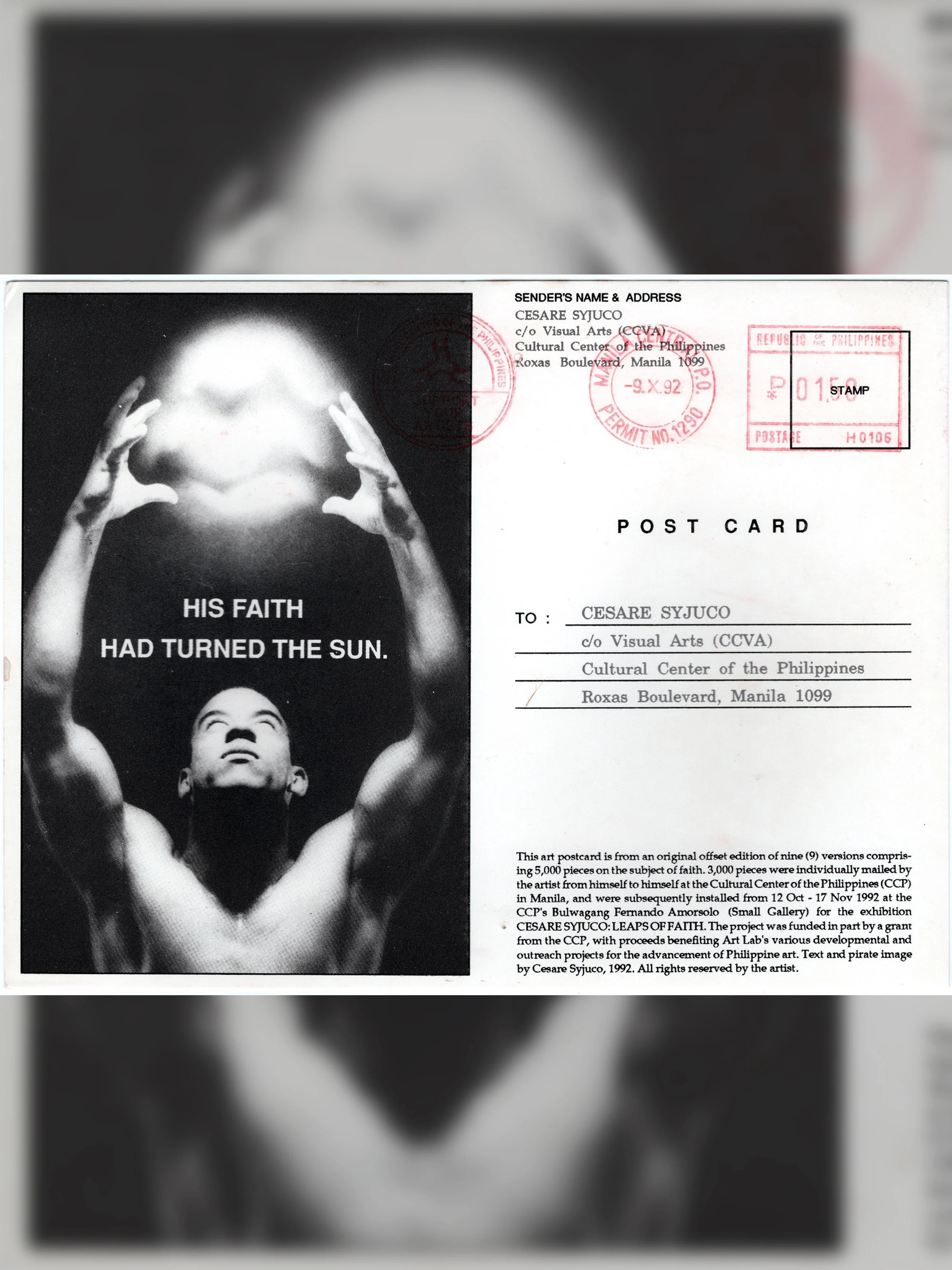 Cesare A.X. Syjuco: "Leaps of Faith (3,000 Postcards from Himself to Himself)", Cultural Center of the Philippines (1992) - Design by Cesare A.X. Syjuco