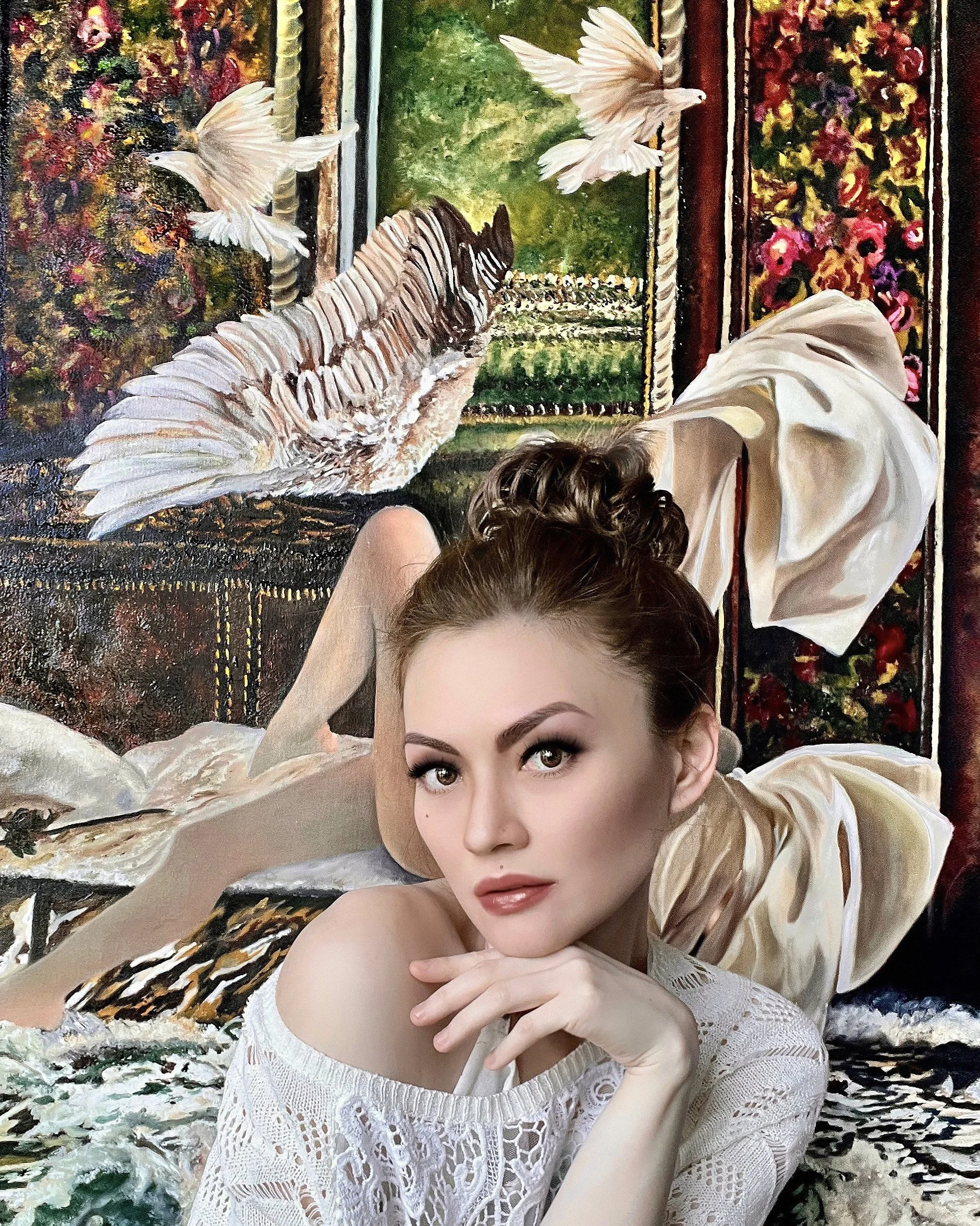 Portrait of Maxine Syjuco with her art and painting - internationally awarded visual artist, poet, and museum director