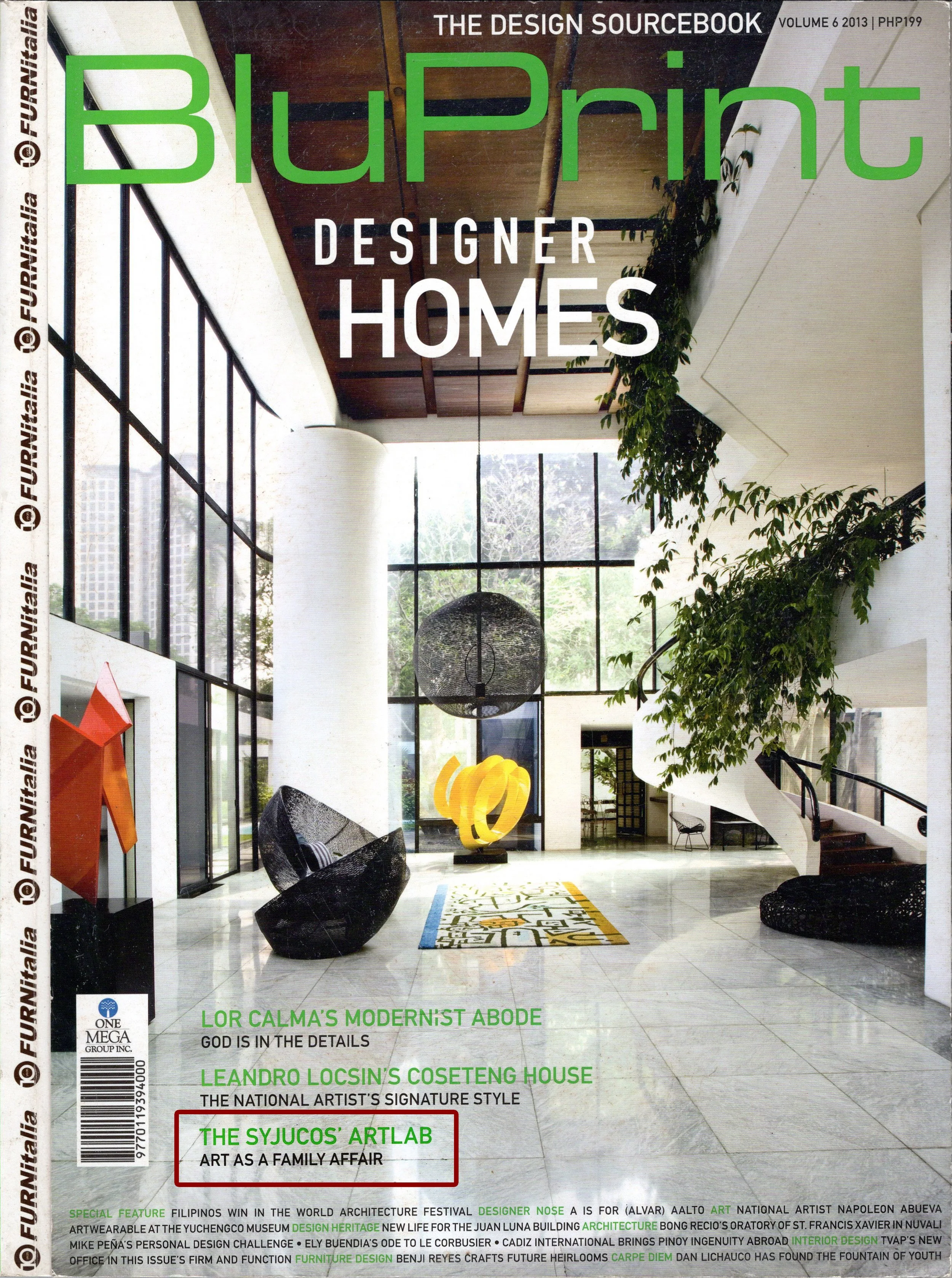 Cover of a design magazine titled 'Blueprint: Designer Homes.' The interior features high ceilings with large windows, modern black chairs, a decorative yellow sculpture, and green plants. The cover includes headlines about modernist architecture, ar