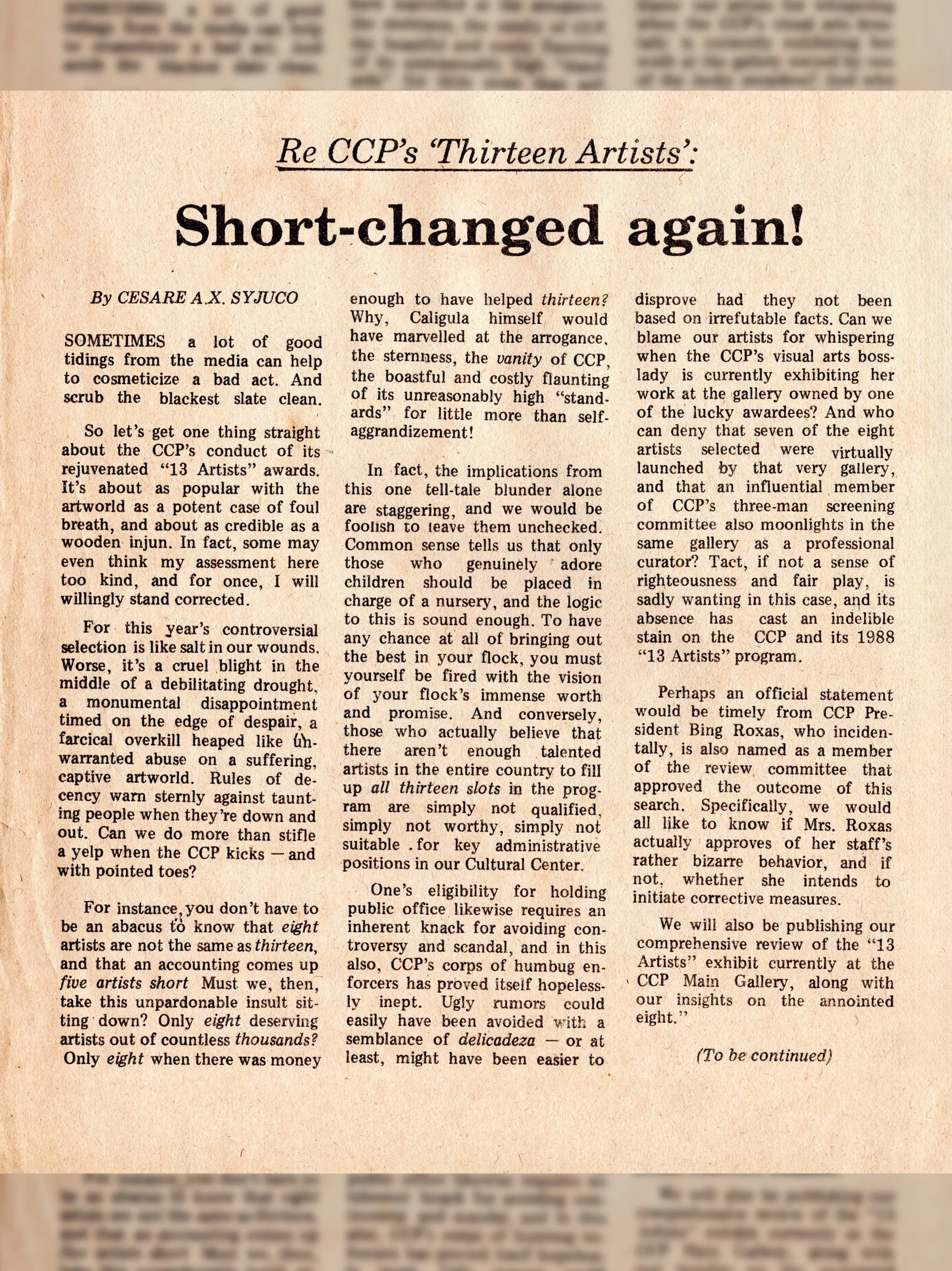 Re CCP’s ‘Thirteen Artists’: Short-Changed Again!
