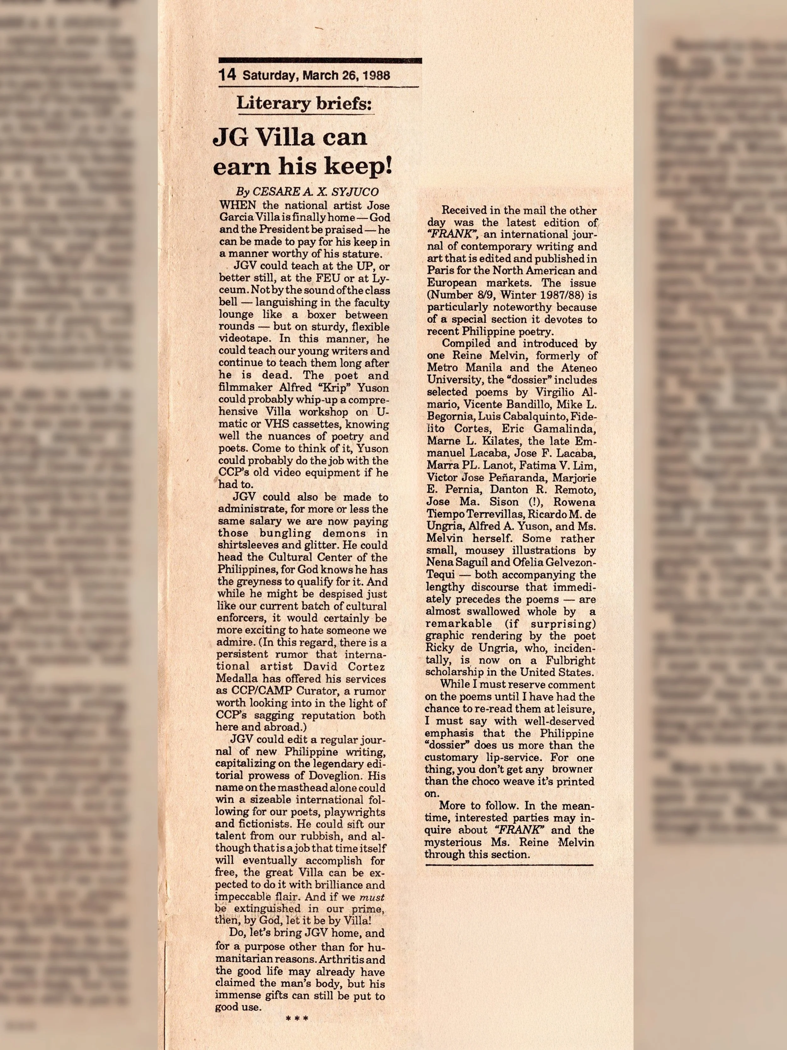 Literary briefs: JG Villa Can Earn His Keep!