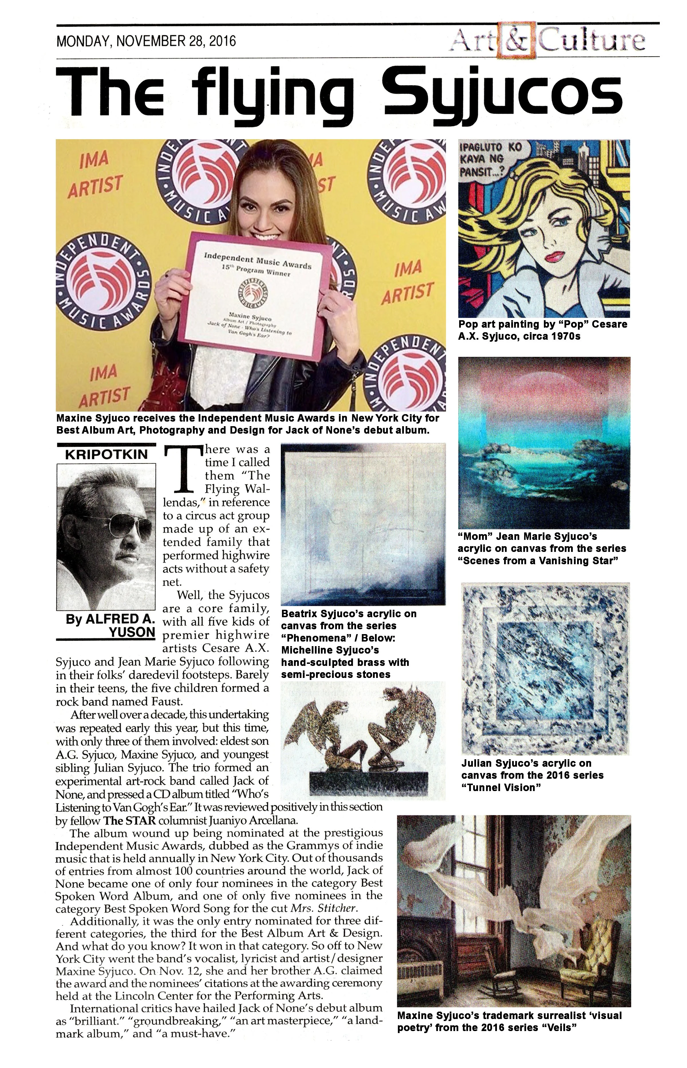 Newspaper page with article about Maxine Syjuco receiving an Independent Music Award in New York City. "The Flying Syjucos" by Alfred Yuson in The Philippine Star. Also features artworks by the Syjuco family.