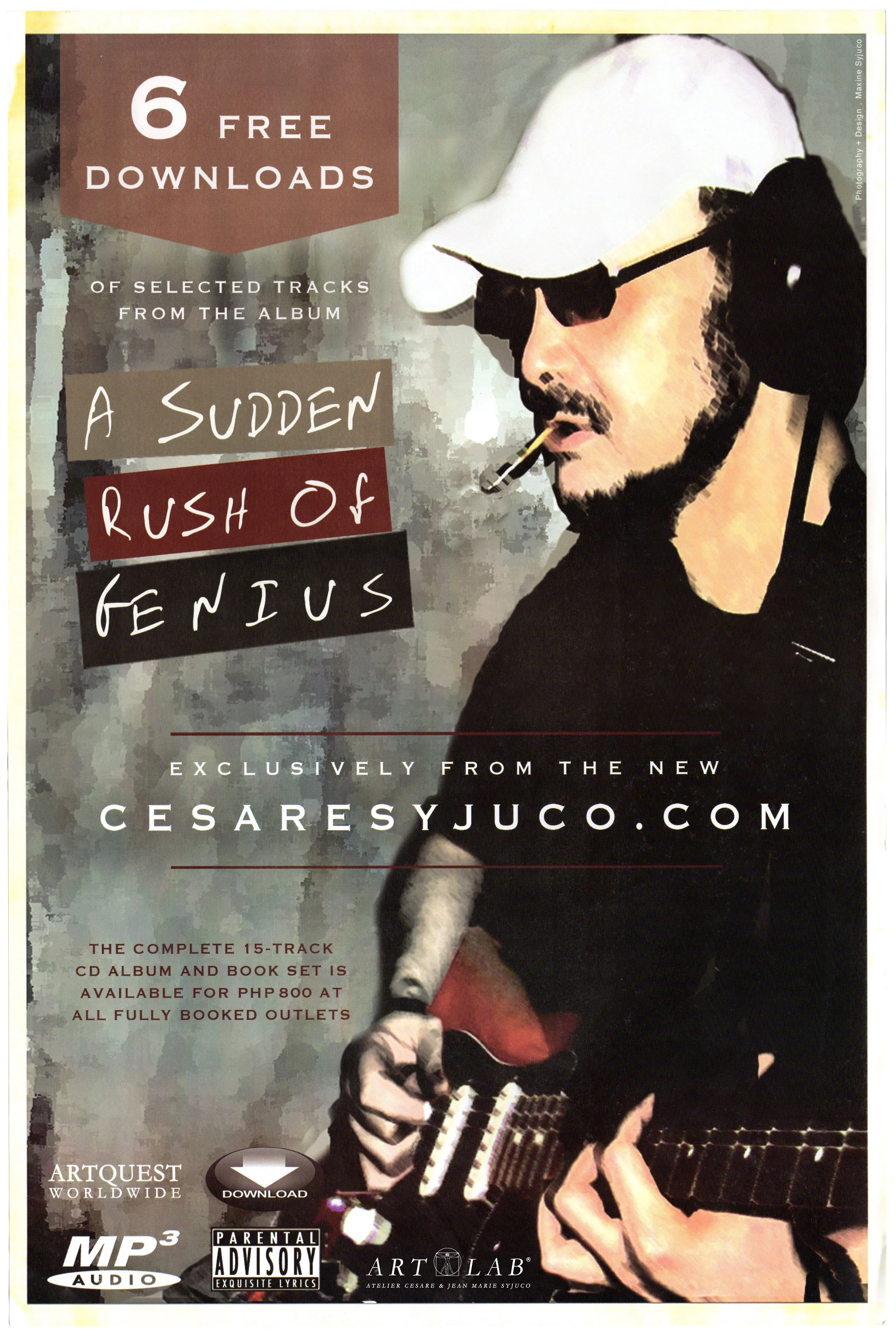 Cesare A.X. Syjuco - A Sudden Rush of Genius - Poster for poetry and music album and bookset. Designed by Maxine Syjuco. Art Lab: The Syjuco Museum. Library and Archives Collection.