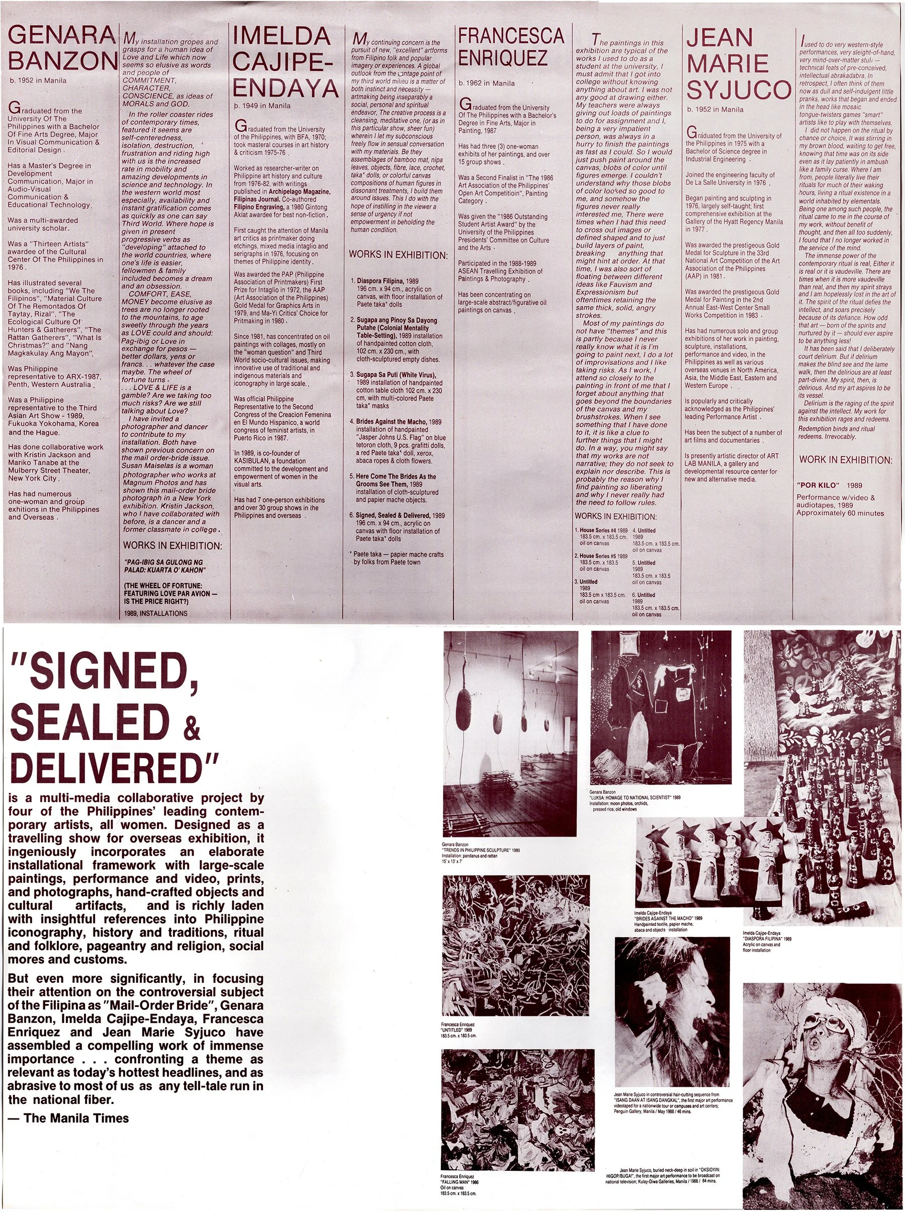 A detailed newspaper or magazine page displaying biographies, artworks, and exhibitions of various Filipino contemporary artists, including Genara Banzon, Imelda Cajipe-Endaya, Francesca Enriquez, and Jean Marie Syjuco, featuring artworks, exhibition