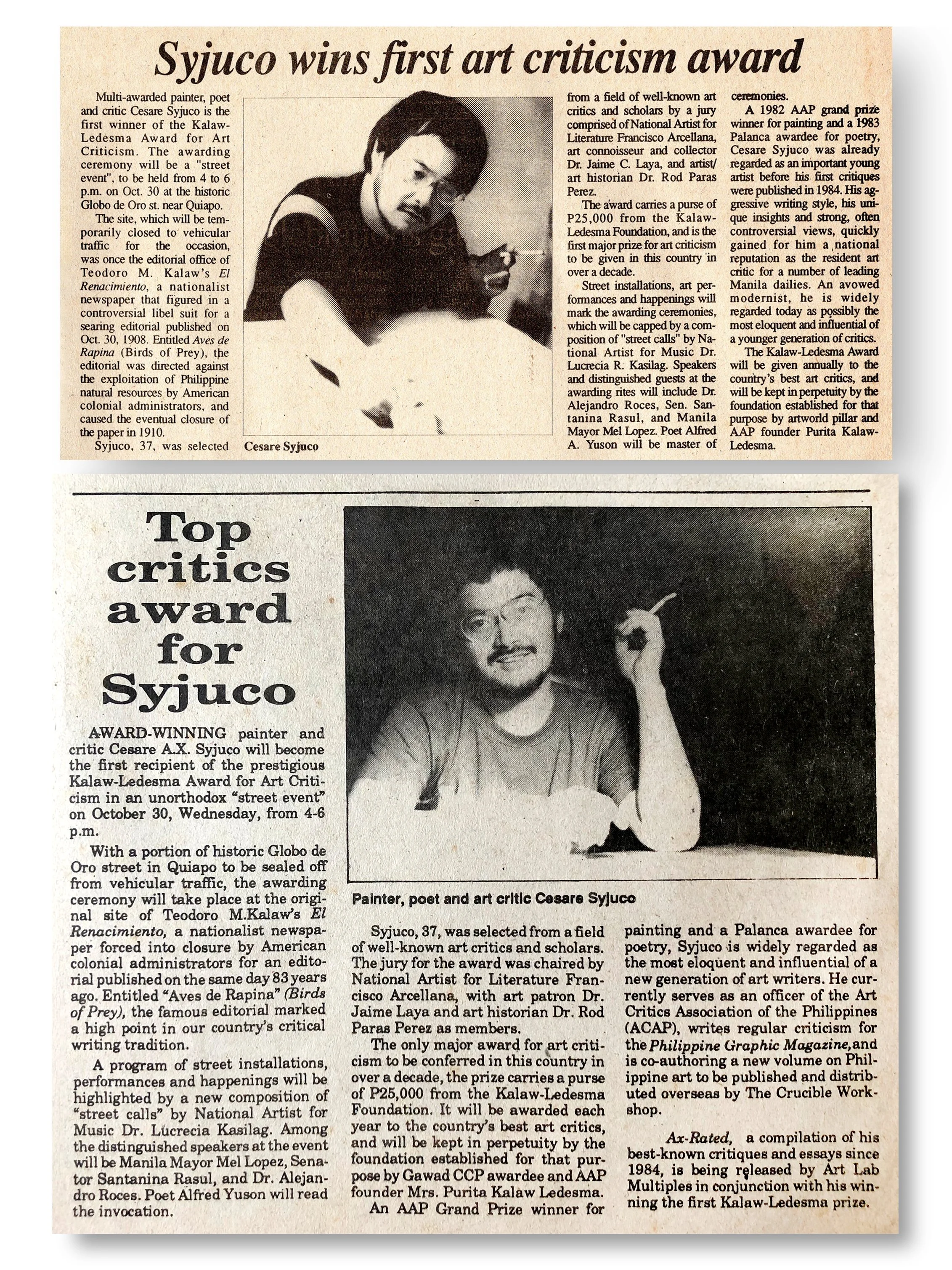 Cesare Syjuco was the first recipient and awardee of the Purita Kalaw Ledesma Award for Art Criticism - Art Lab The Syjuco Museum