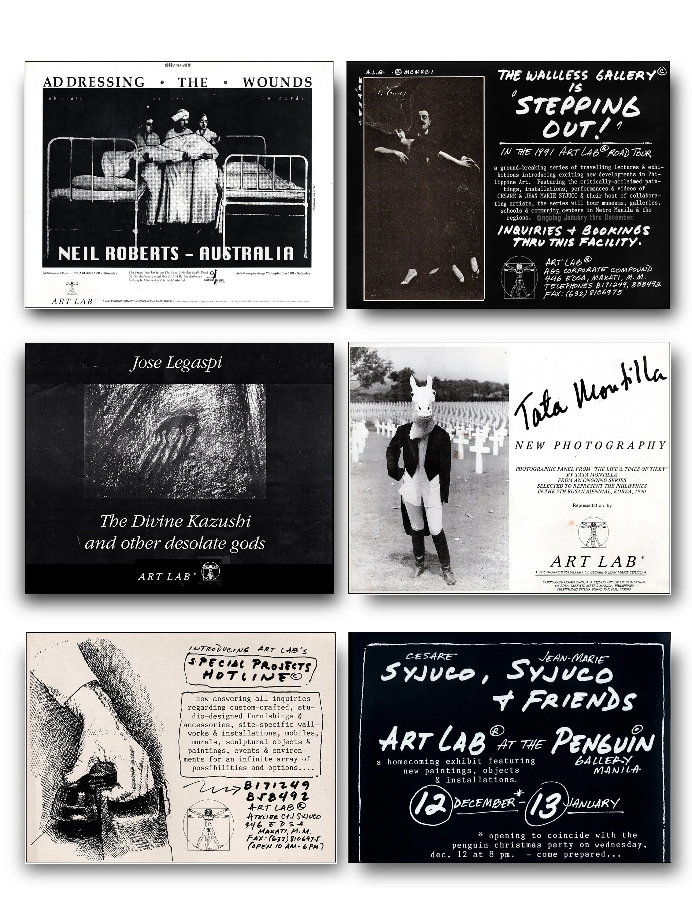 Art Lab invitations, posters and postcards featuring Neil Roberts, Penguin Gallery Cafe Bar Malate, Jose Legaspi, Tata Montilla, Cesare Syjuco, Jean Marie Syjuco, Art Lab Hotline - Syjuco Museum