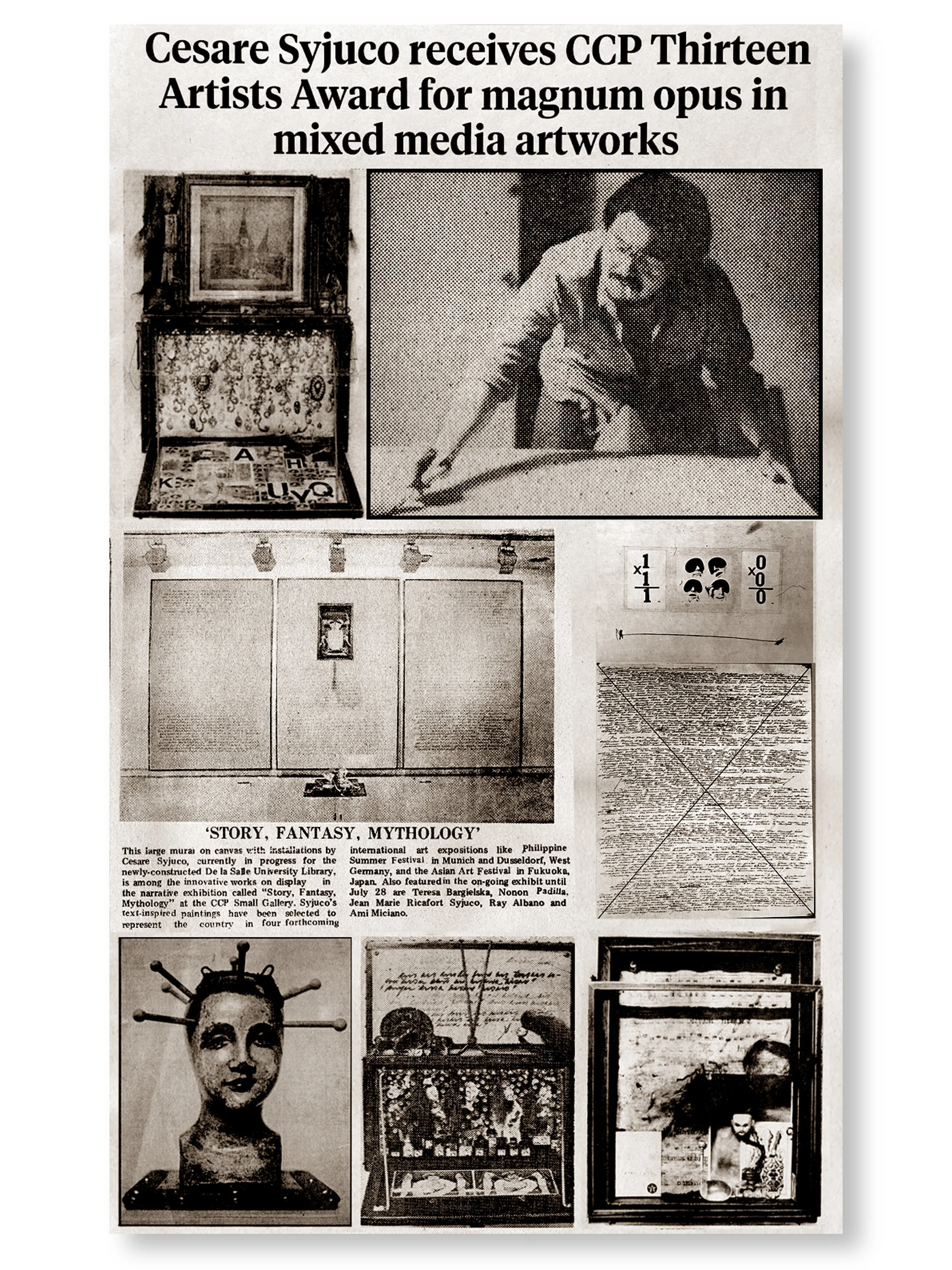 A black and white newspaper article titled 'Cesare Syjuco receives CCP Thirteen Artists Award for magnum opus in mixed media artworks.' The top section shows two images: on the left, a collage-like artwork featuring a framed picture on a patterned ba