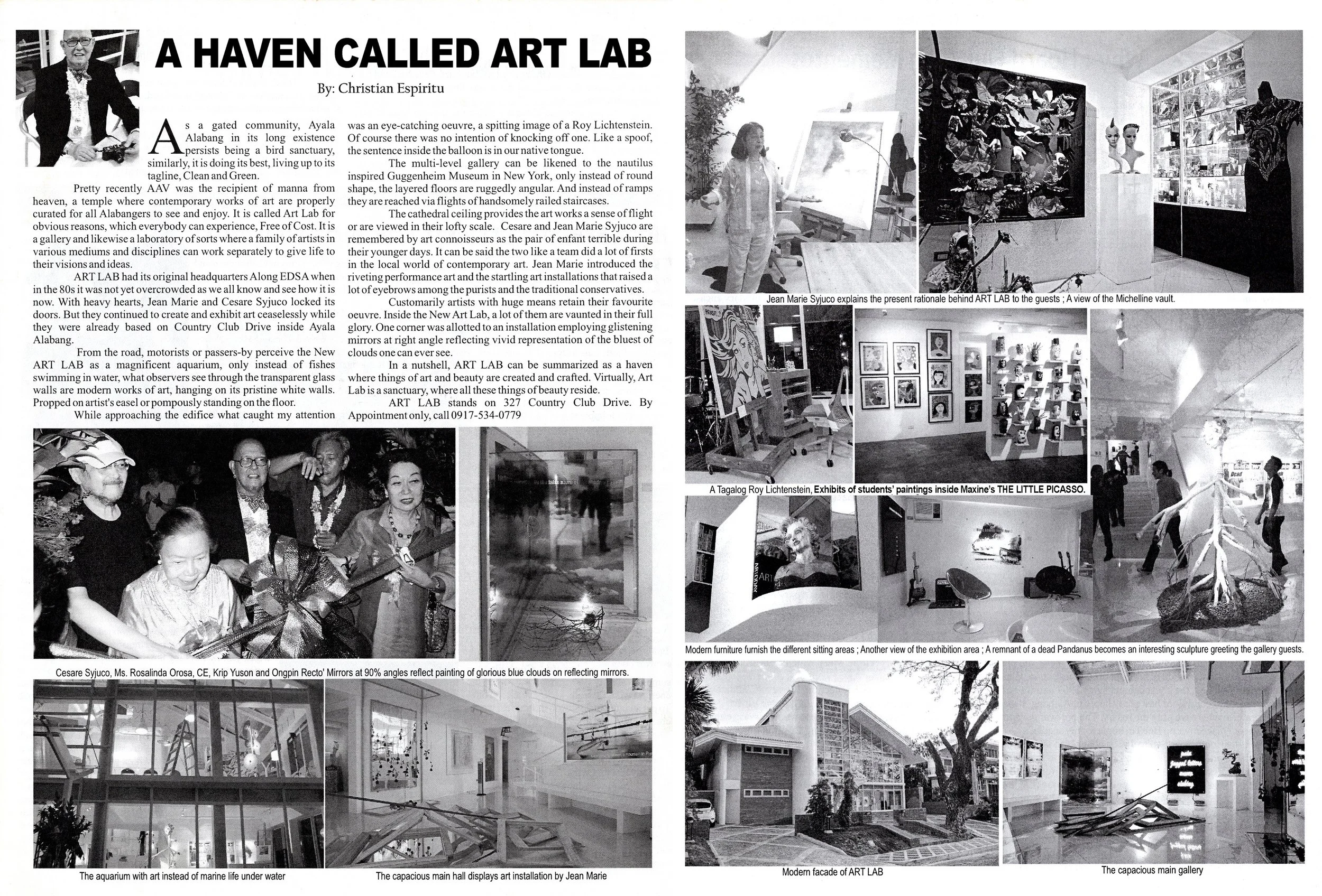 A collage of black and white photographs and an article about an art gallery called Art Lab in Ayala Alabang, featuring images of artworks, gallery interiors, and people visiting the exhibition.