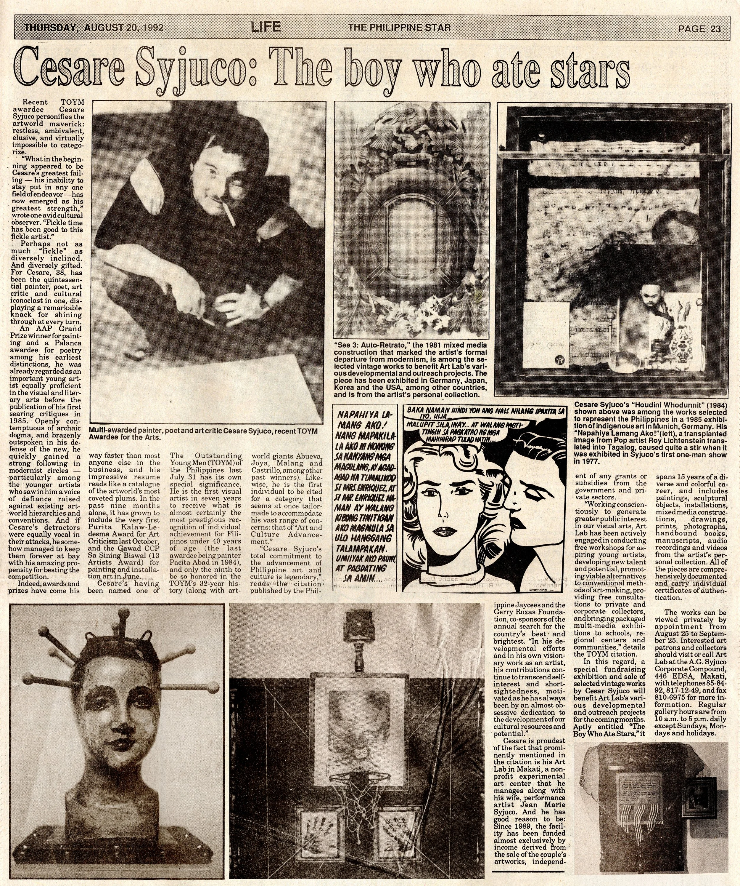 Artist Cesare A.X. Syjuco - newspaper feature and article titled "Cesare Syjuco: The Boy Who Ate Stars", circa 1990s. Art Lab: The Syjuco Museum. Library and Archives Collection.