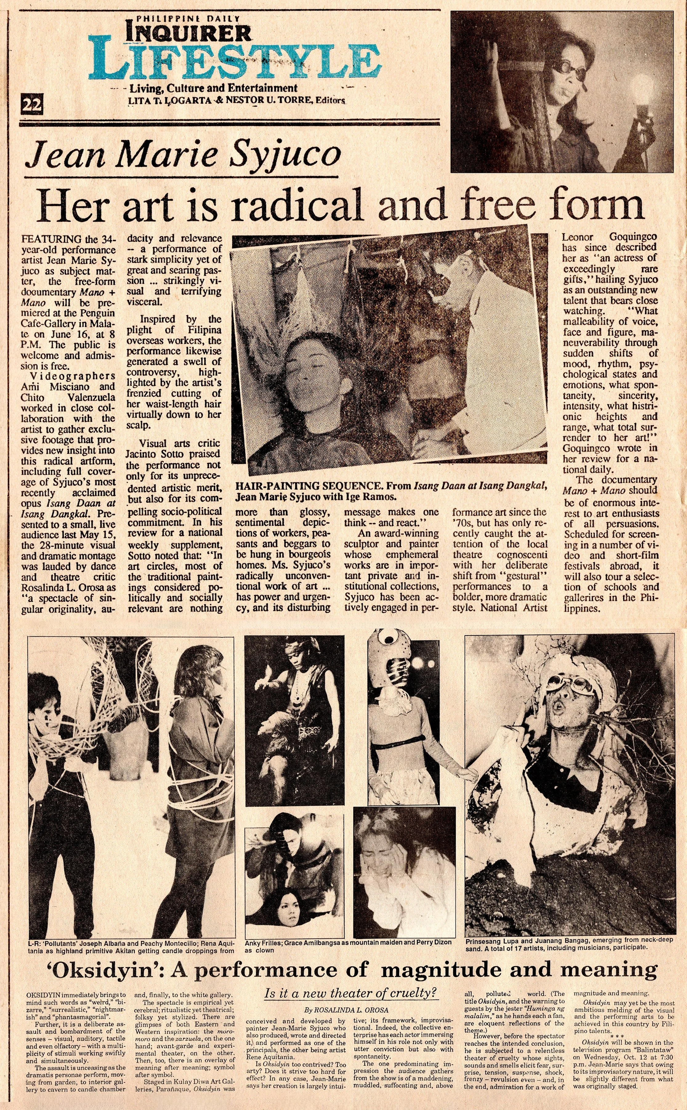 A newspaper page from the Philippine Daily Inquirer Lifestyle section featuring an article about performance artist Jean Marie Syjuco, titled "Her art is radical and free form." Oksidyin, Mano Mano. Art Lab: The Syjuco Museum. Library and Archives.