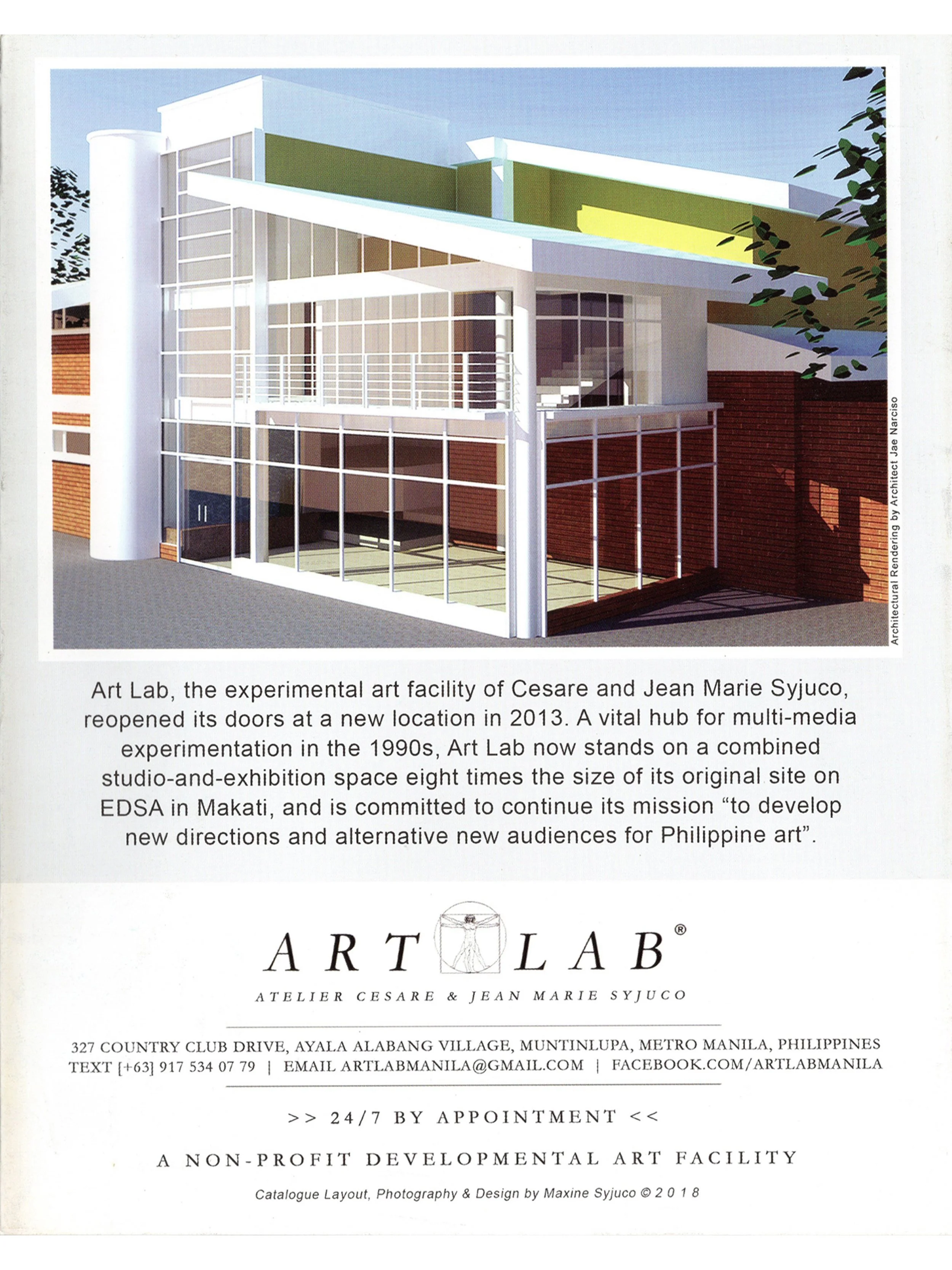 Cesare A.X. Syjuco • Jean Marie Syjuco • Michelline Syjuco • Beatrix Syjuco • Maxine Syjuco • Julian Syjuco: "Art Lab: Atelier Cesare and Jean Marie Syjuco - Catalog Back Cover (page 6)", Art Lab® (2018) - Photography + Design by Maxine Syjuco