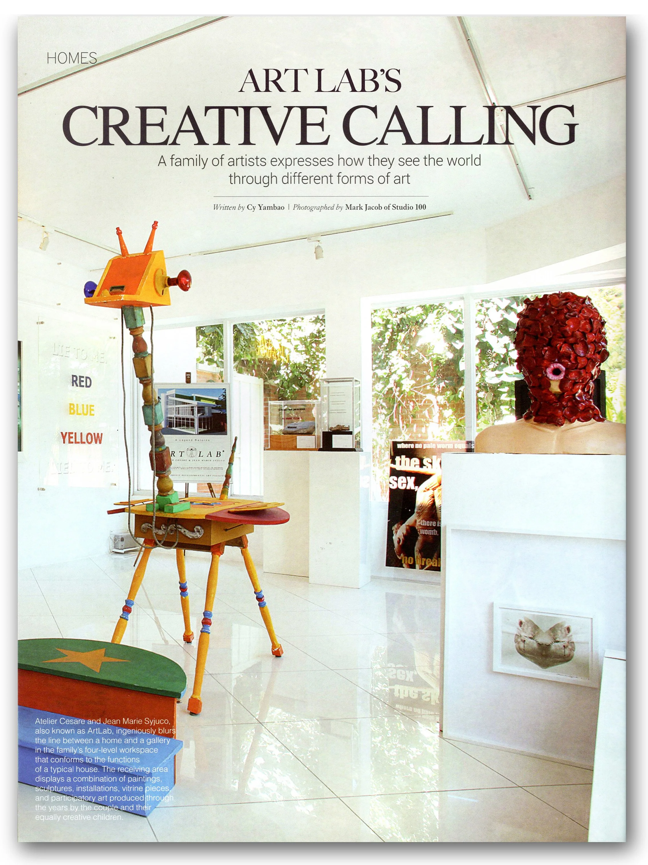 Art Lab's Creative Calling - magazine feature on Cesare Syjuco, Jean Marie Syjuco, Maxine Syjuco and the Syjuco family - featuring giraffe art by Jean Marie Syjuco and rose head sculpture by Maxine Syjuco - art lab the Syjuco museum