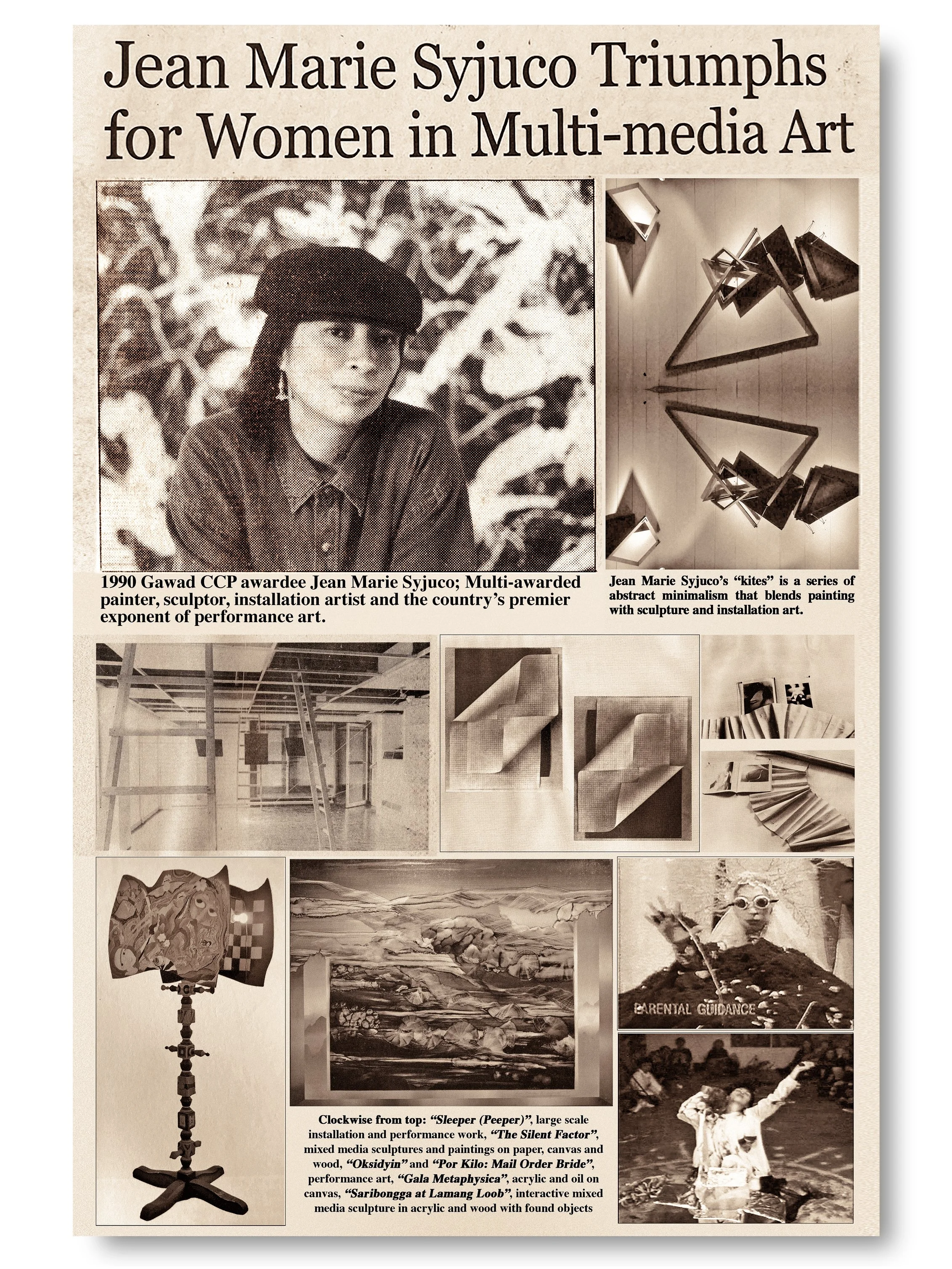 A newspaper page showcasing artwork and a portrait of Jean Marie Syjuco, an award-winning multi-media artist, including sculptures and performance art pieces, with descriptions of the artwork and an image of Syjuco. Art Lab The Syjuco Museum