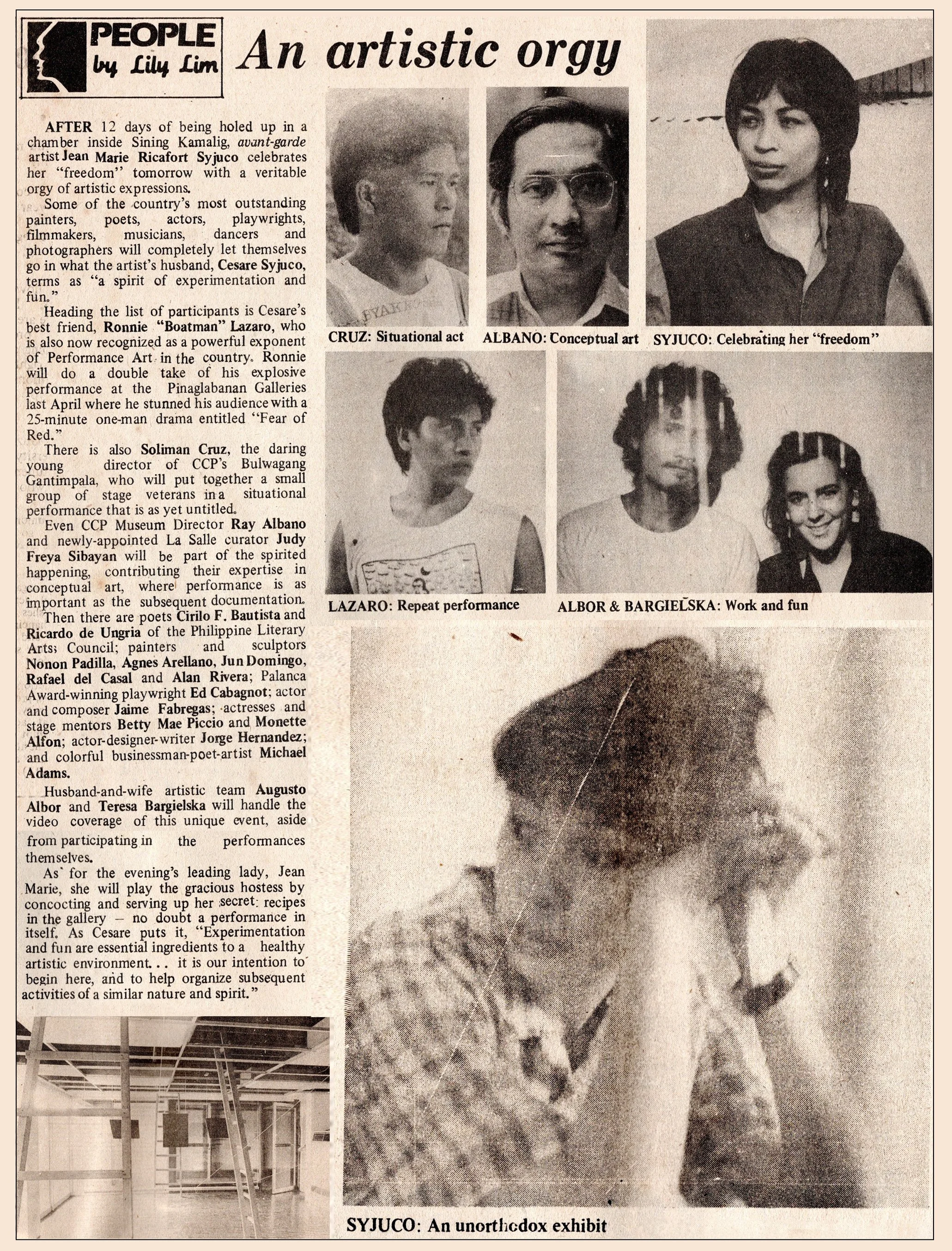 Artist Jean Marie is featured for her installation and performance event titled "Sleeper" with fellow artists Cesare Syjuco, Ronnie Lazaro, Ray Albano, Gus Albor, Teresa Bargielska, Soliman Cruz, Cirilo Bautista, Ricardo de Ungria, Alfred Krip Yuson