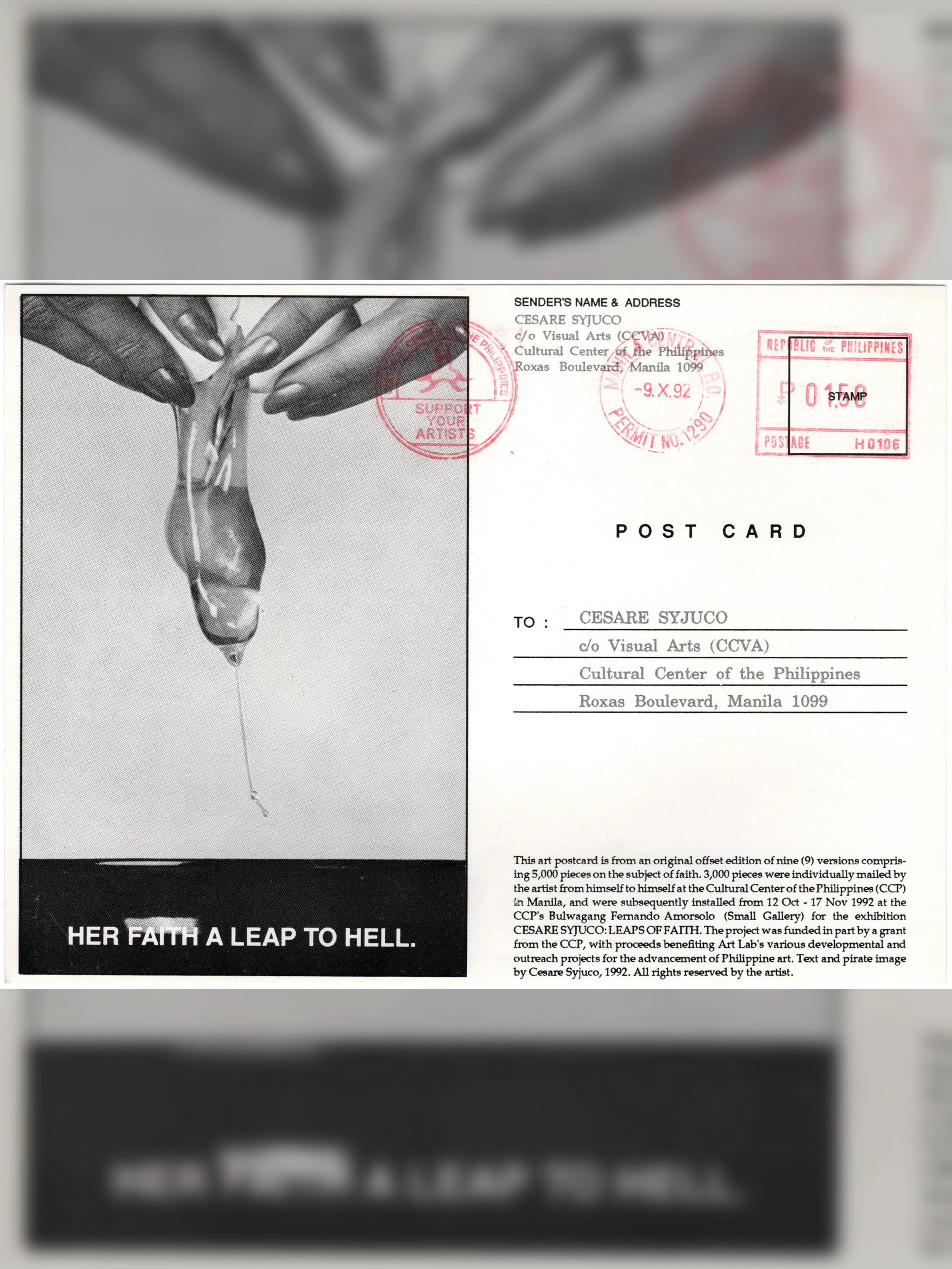 Cesare A.X. Syjuco: "Leaps of Faith (3,000 Postcards from Himself to Himself)", Cultural Center of the Philippines (1992) - Design by Cesare A.X. Syjuco