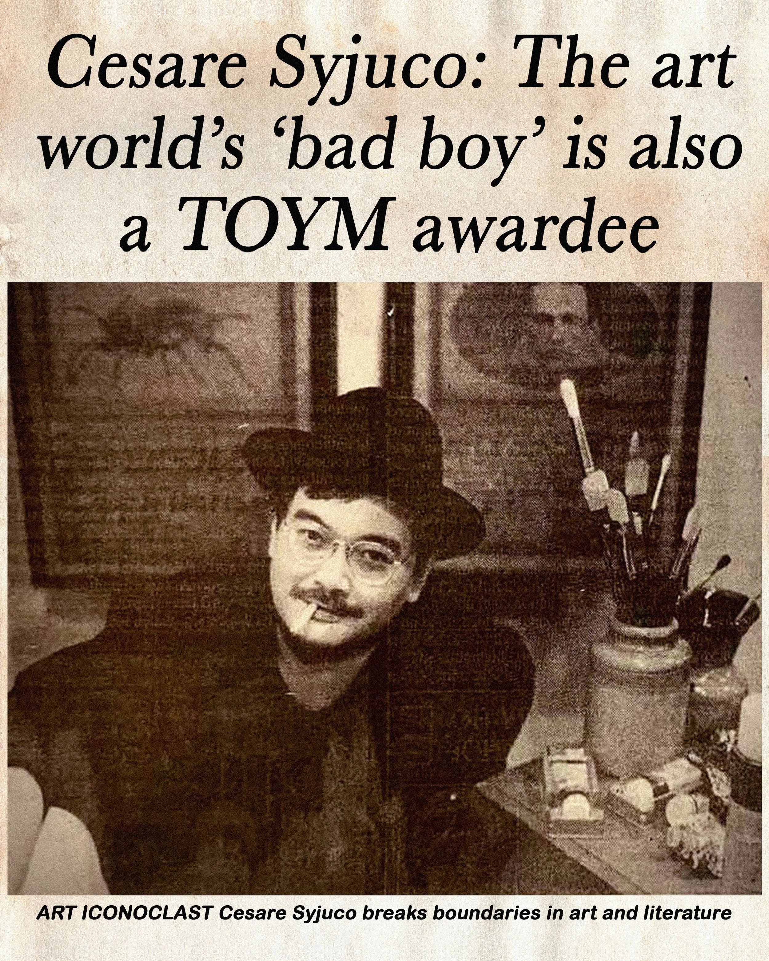 Black and white photograph of Cesare Syjuco, wearing glasses and a dark outfit. TOYM Ten Outstanding Young Men of the Philippines awardee. Art world's bad boy. Art Lab: The Syjuco Museum. Library and Archives Collection.