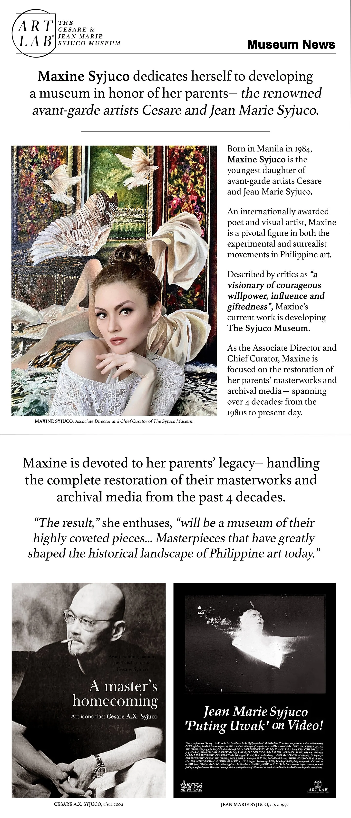 Museum News - Maxine Syjuco devotes herself to developing Art Lab The Syjuco Museum in honor of her legendary parents, the avant-garde and experimental Filipino pioneers Cesare Syjuco and Jean Marie Syjuco