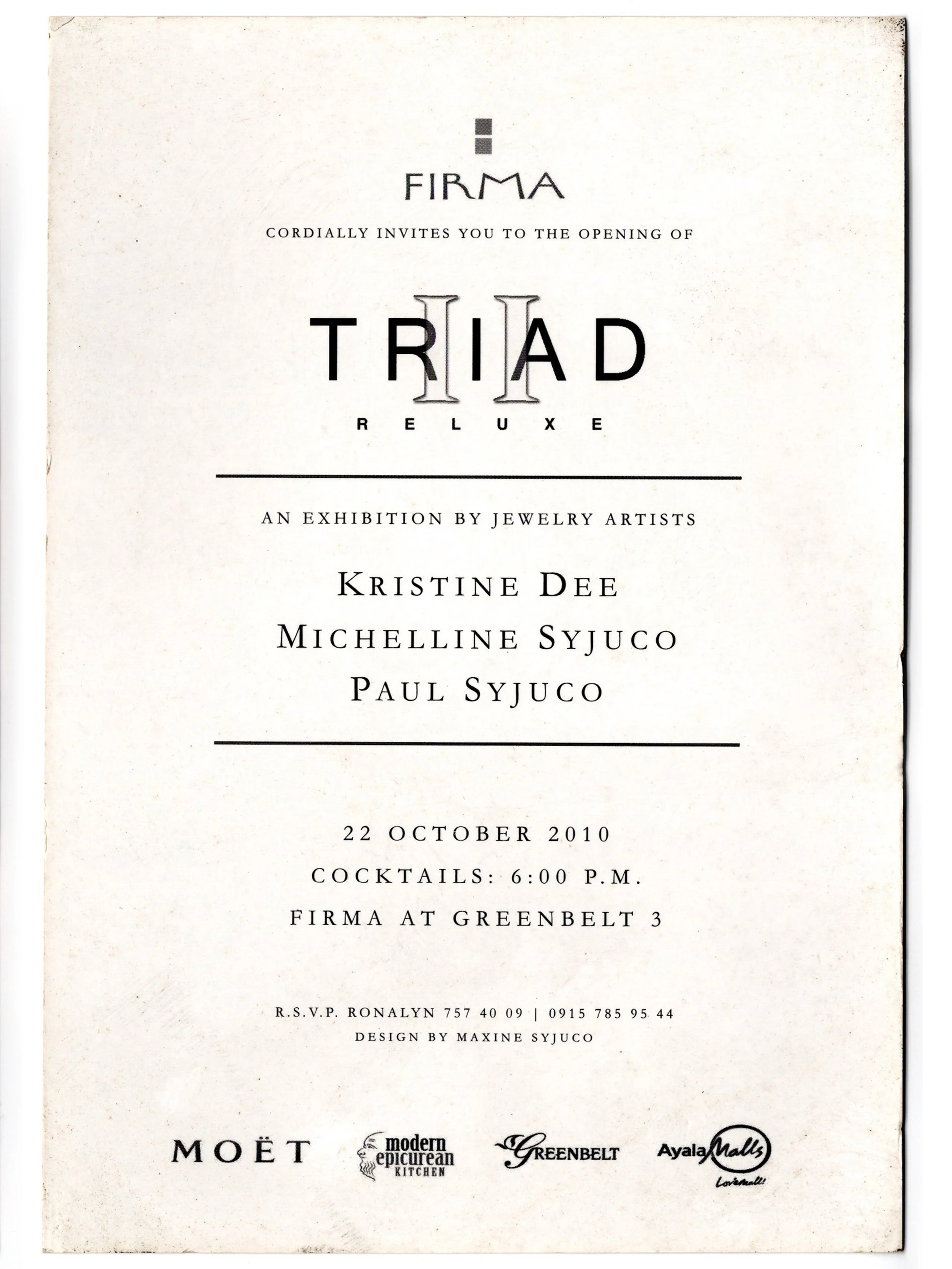 Michelline Syjuco • Paul Syjuco • Kristine Dee: "Triad II Reluxe" [back], Firma (2010) - Design by Maxine Syjuco