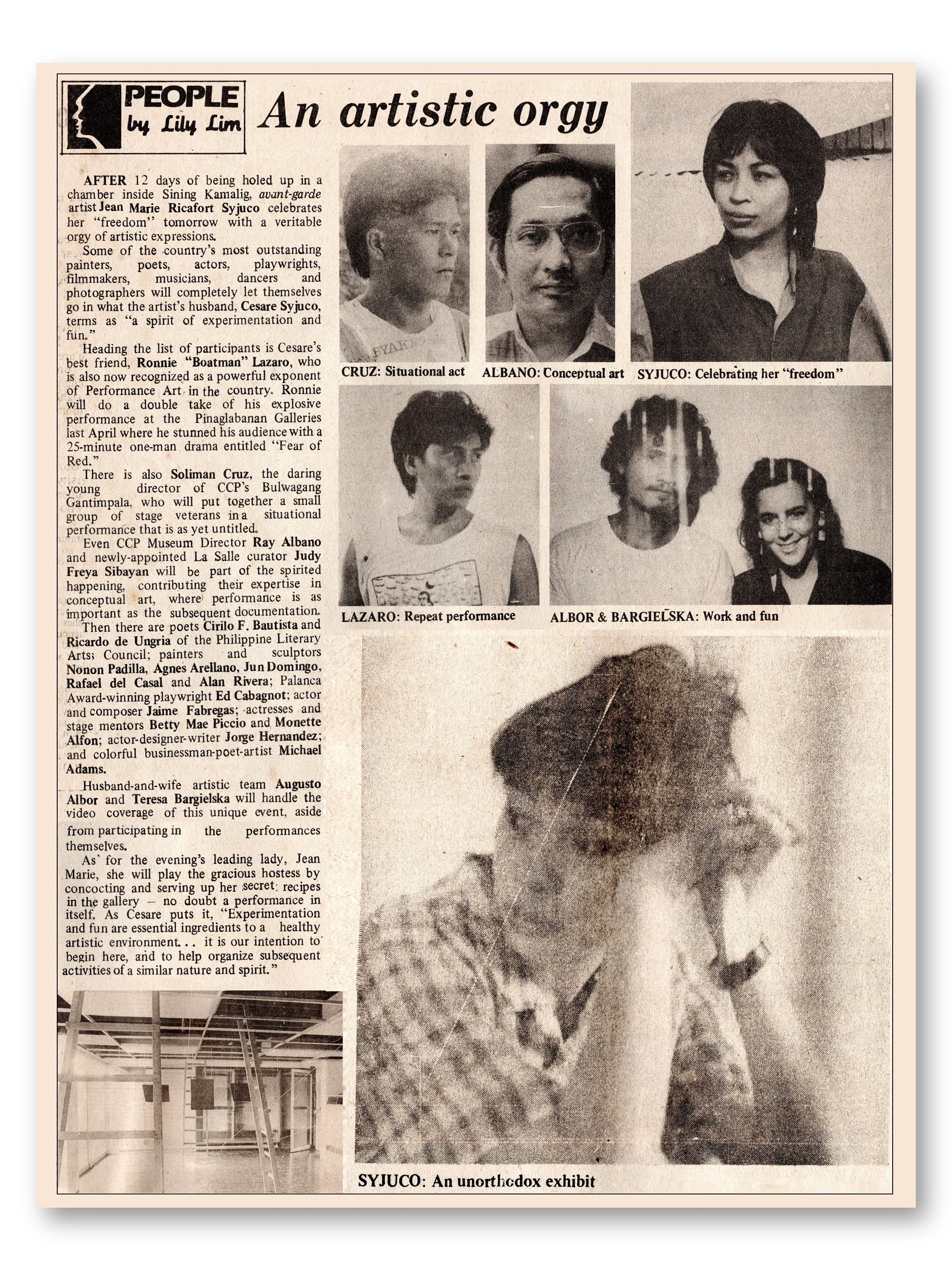 A black and white newspaper page featuring an article titled 'An artistic orgy' with photographs of four individuals and captions: CRUZ: Situational act, ALBANO: Conceptual art, SYJUCO: Celebrating her 'freedom', LAZARO: Repeat performance, ALBOR & B