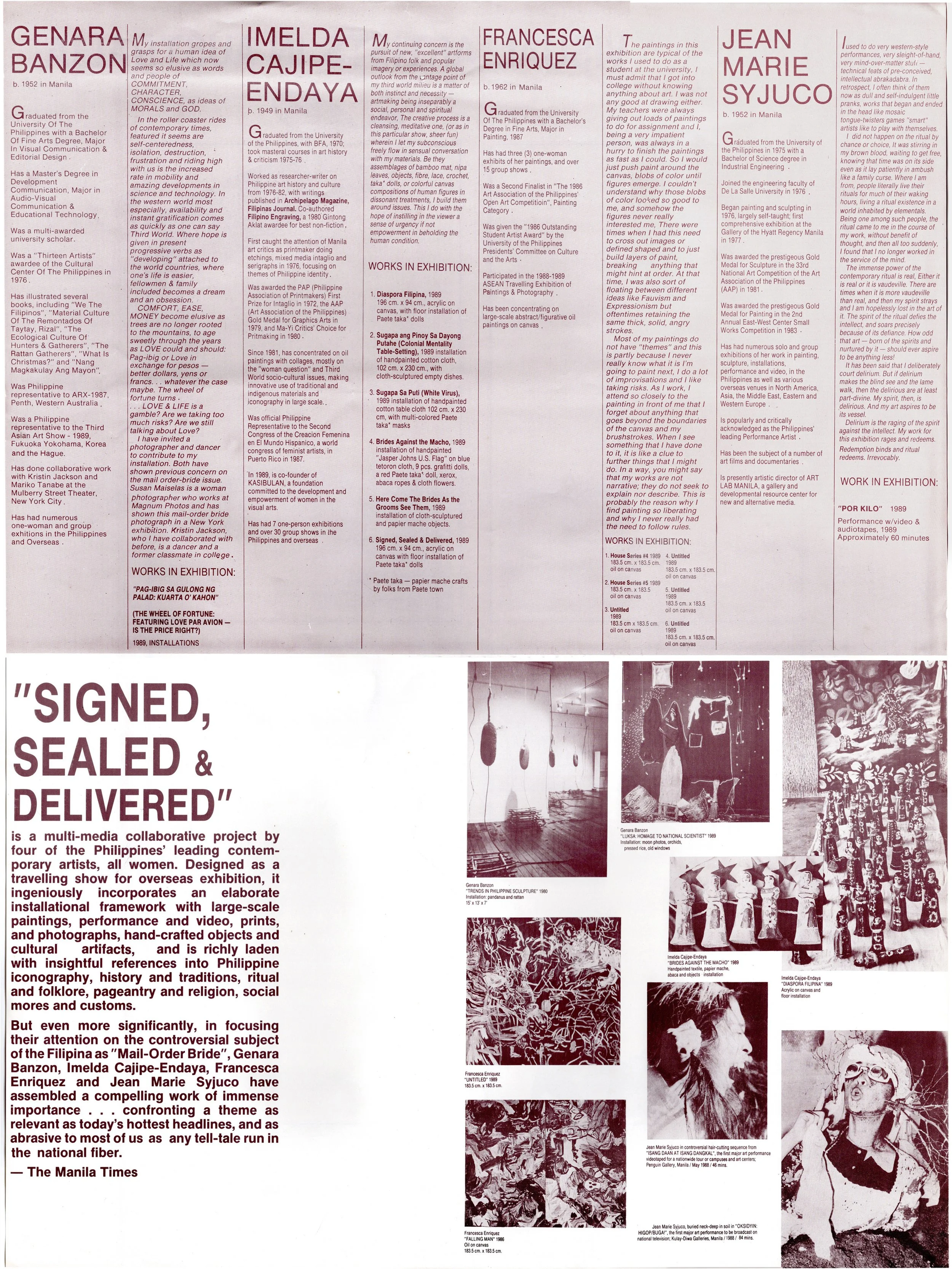 Jean Marie Syjuco • Genara Banzon • Francesca Enriquez • Imelda Cajipe Endaya: "Four Filipina Visual Artists In Australia/Signed, Sealed & Delivered" [back], Performance Space • Tin Sheds Gallery • ARX-1989 • Cultural Center of the Philippines (1989)