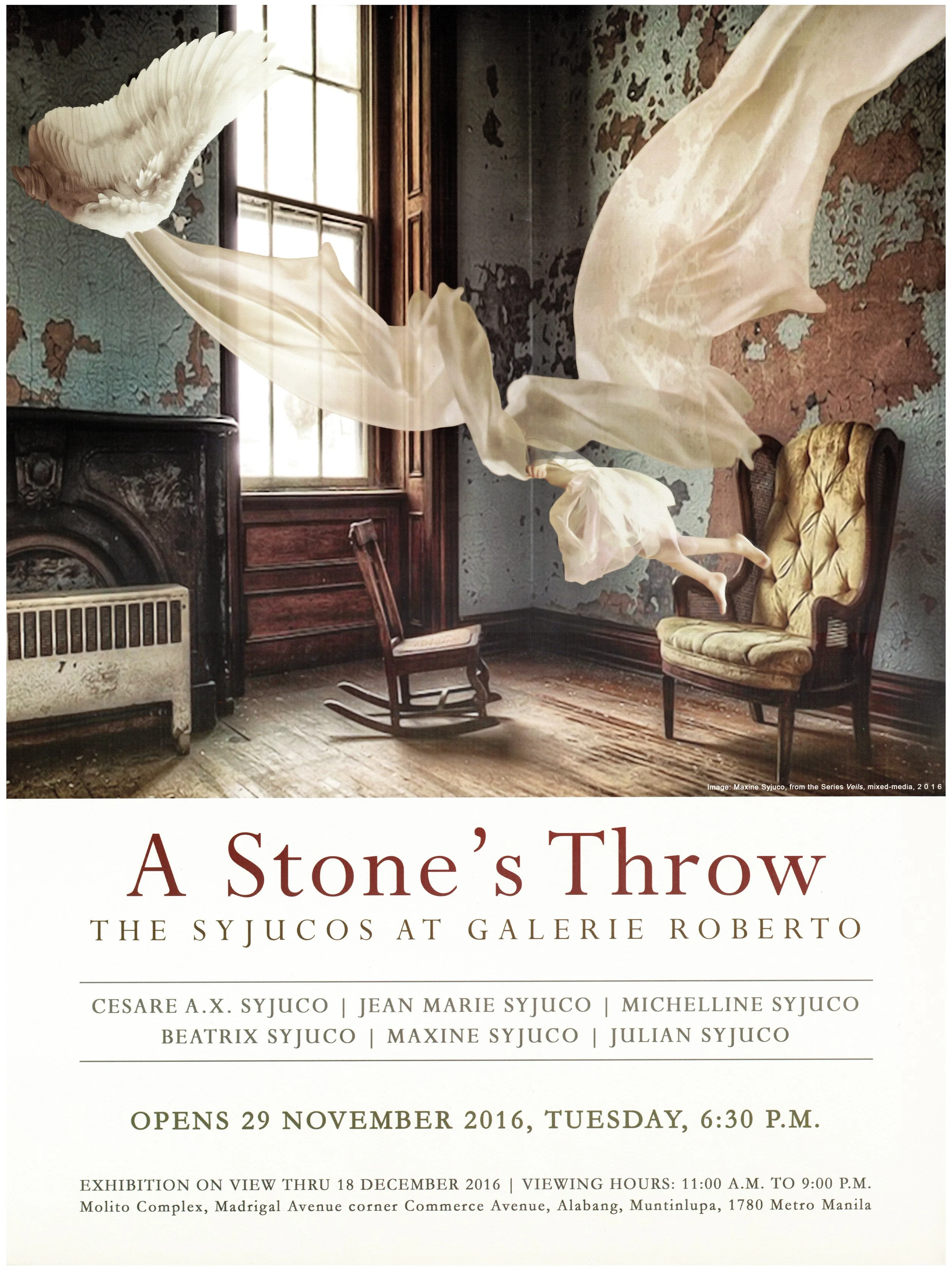 Cesare A.X. Syjuco • Jean Marie Syjuco • Michelline Syjuco • Beatrix Syjuco • Maxine Syjuco • Julian Syjuco: "A Stone's Throw - The Syjuco's at Galerie Roberto", Galerie Roberto (2016) - Art by Maxine Syjuco from her series "Veils, 2016"