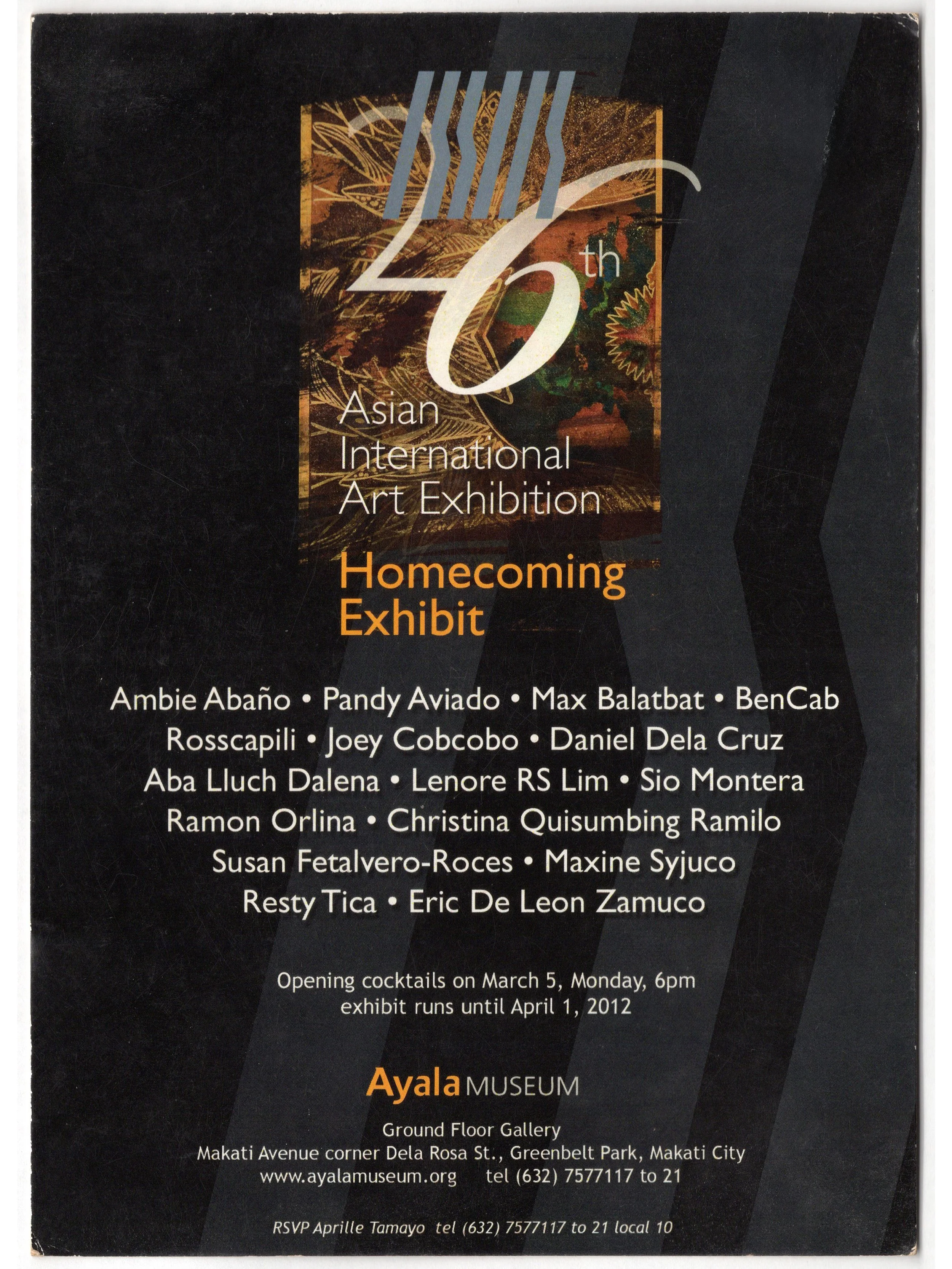Maxine Syjuco • Ambie Abaño • Pandy Aviado • Max Balatbat • BenCab • Rosscapili • Joey Cobcobo • Daniel Dela Cruz • Aba Lluch Dalena • Lenore RS Lim • Sio Montera • Ramon Orlina • Christina Quisumbing Ramilo • Susan Fetalvero-Roces • Resty Tica • Eri
