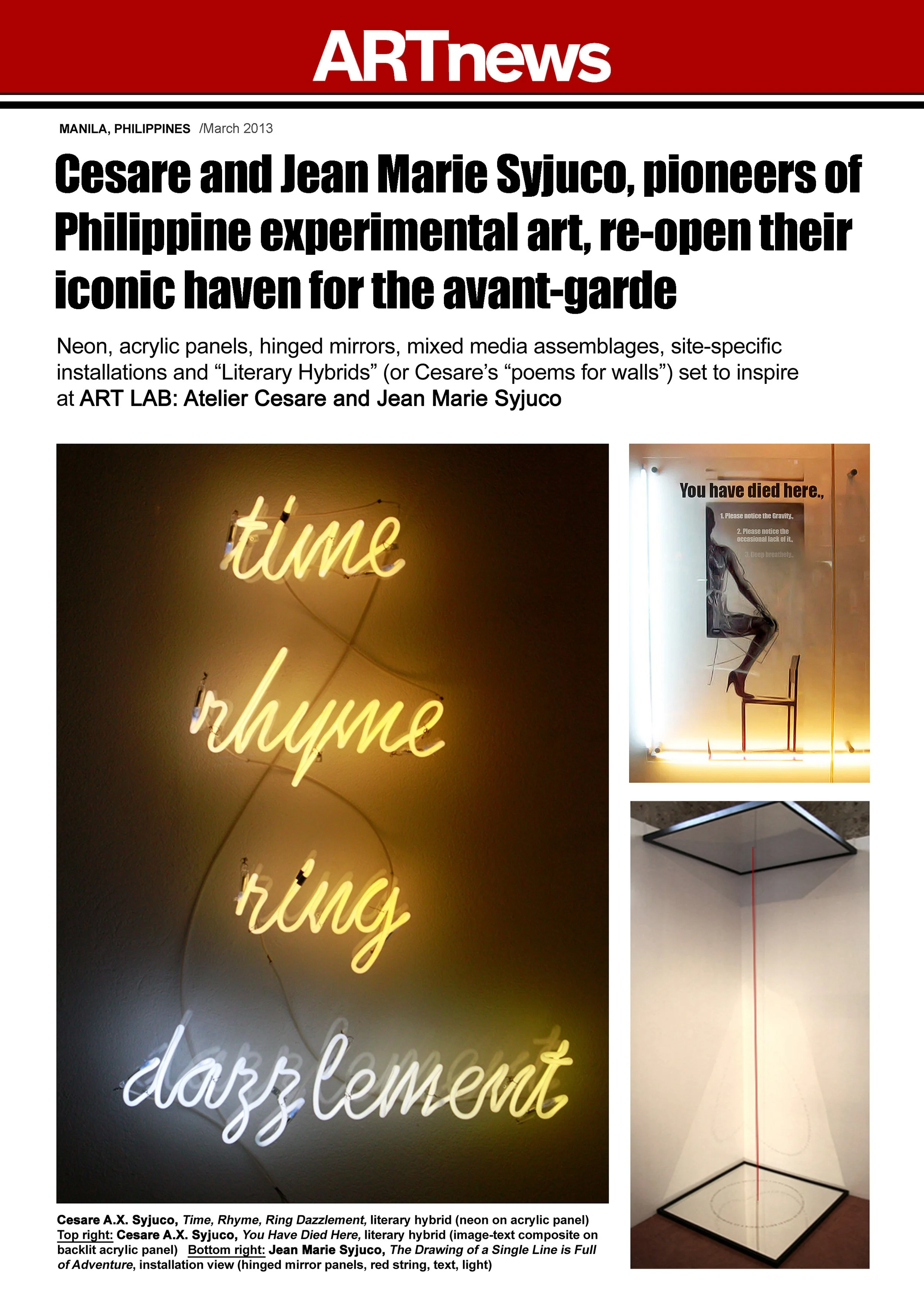 Exhibit description with three art pieces. The first is a neon sign that reads 'time, rhyme, house, environment' on a wall. The second shows a text panel that says 'You have died here' with a mannequin seated on a chair, wearing high heels. The third