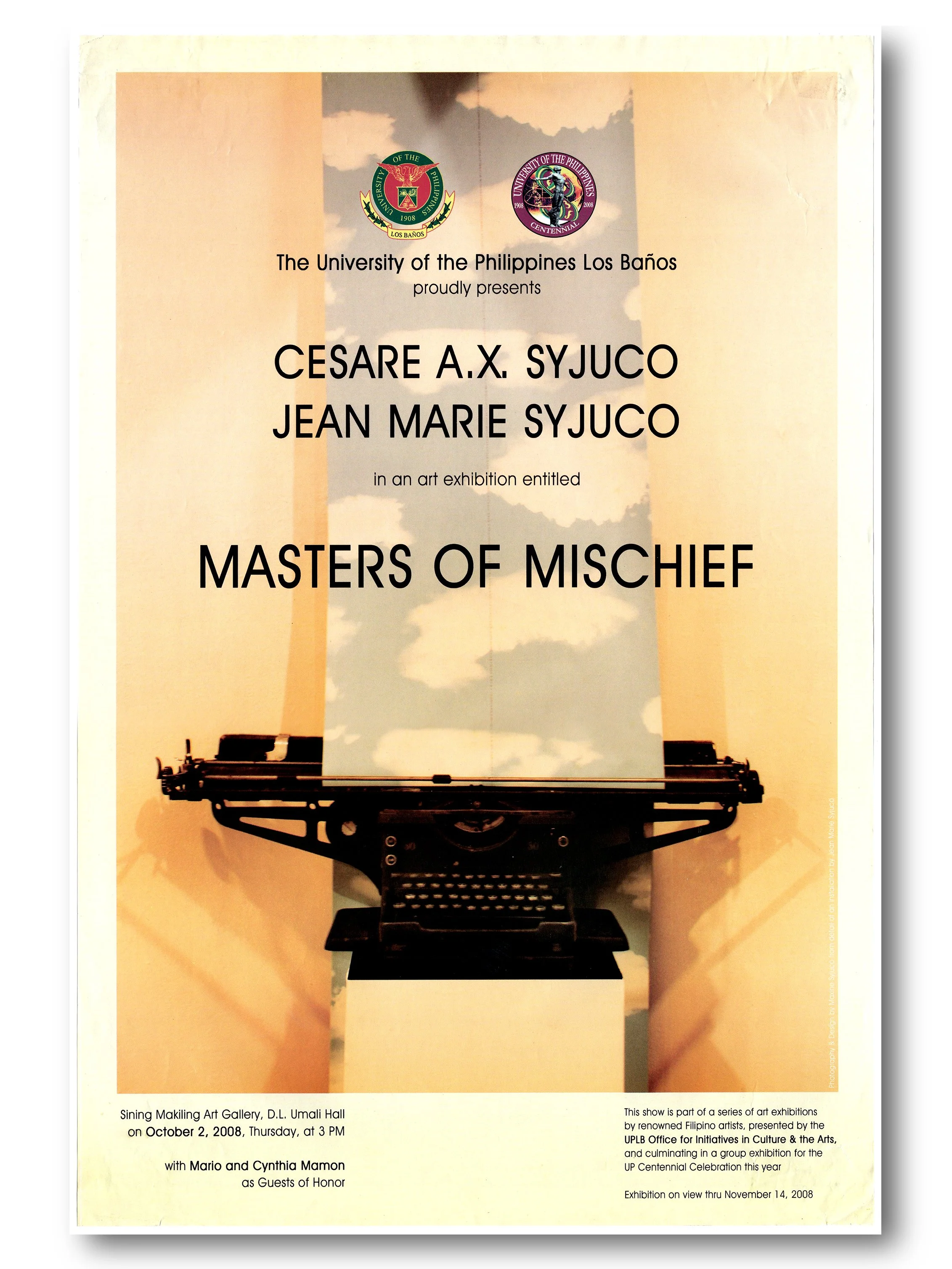 cesare Syjuco - Jean Marie Syjuco - art exhibit - masters of mischief - Syjuco family - artist couple - magnet gallery  - design by Maxine Syjuco - art lab the Syjuco museum - poster