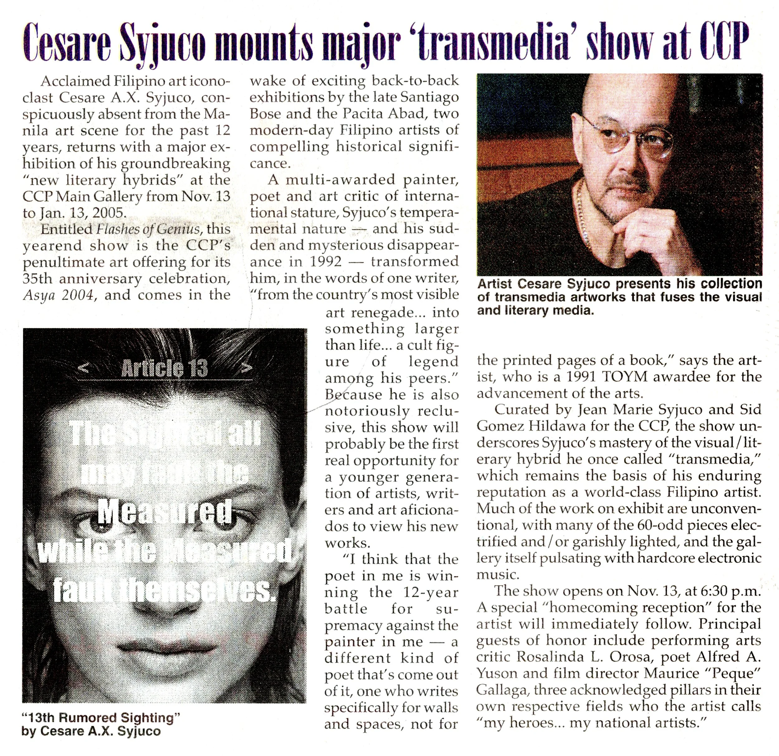 Cesare A.X. Syjuco mounts major transmedia show at CCP - newspaper feature with artworks of literary hybrids for exhibit Flashes of Genius at CCP Cultural Center of the Philippines