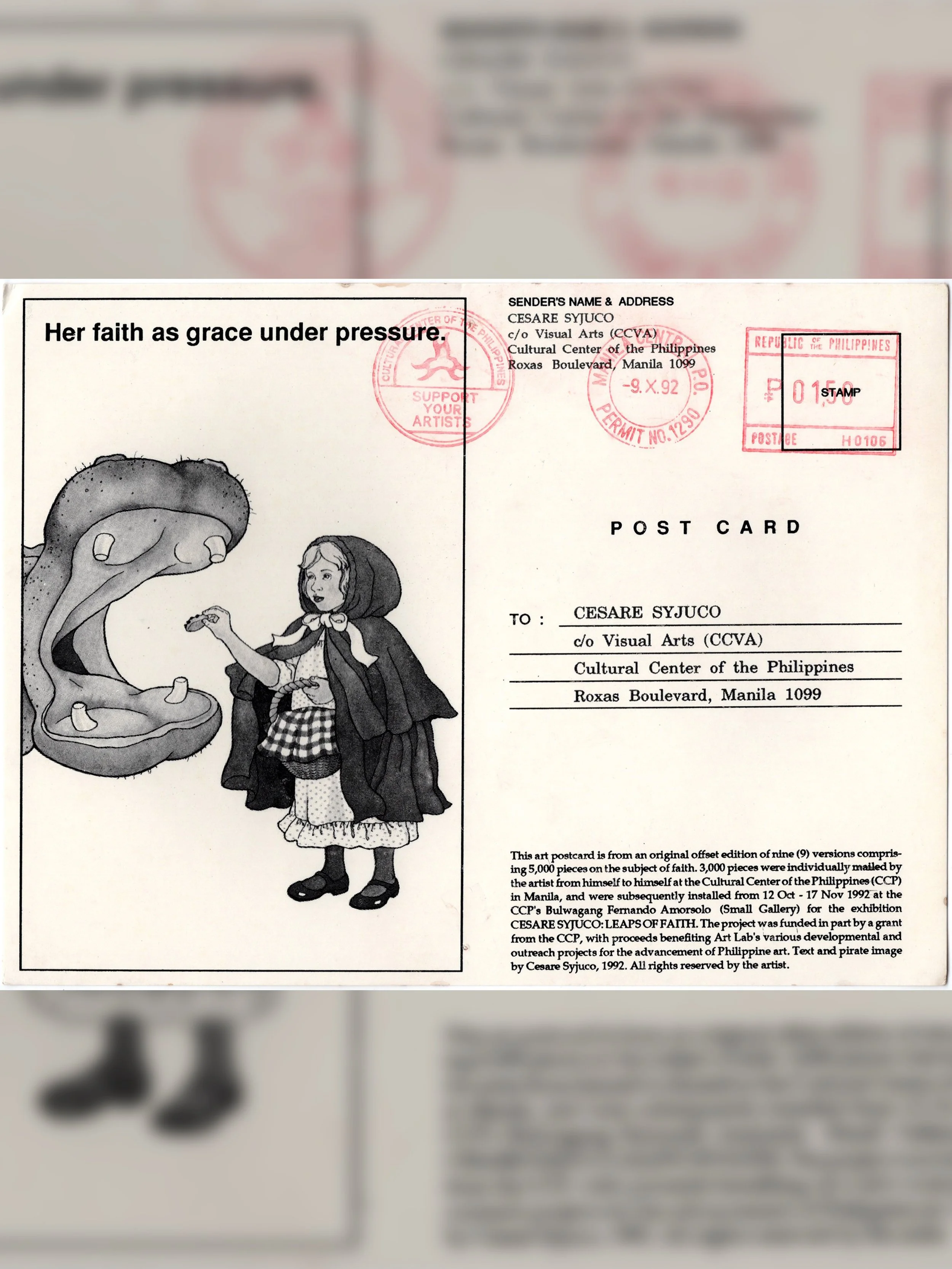 Cesare A.X. Syjuco: "Leaps of Faith (3,000 Postcards from Himself to Himself)", Cultural Center of the Philippines (1992) - Design by Cesare A.X. Syjuco