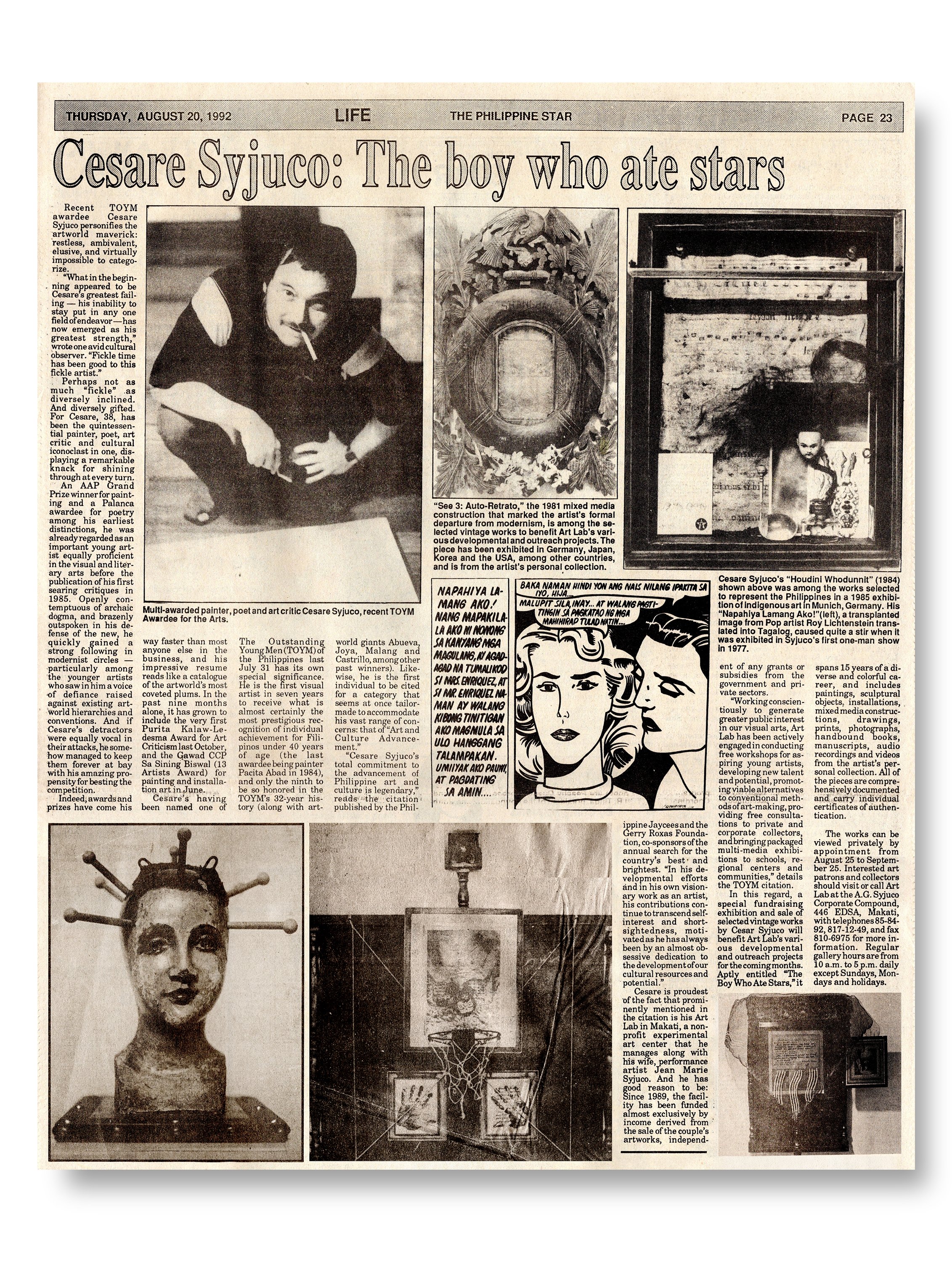 A black-and-white newspaper page dated Thursday, August 20, 1992, featuring an article about Cesare Syjuco, with photographs of the artist, artworks - Art Lab The Syjuco Museum