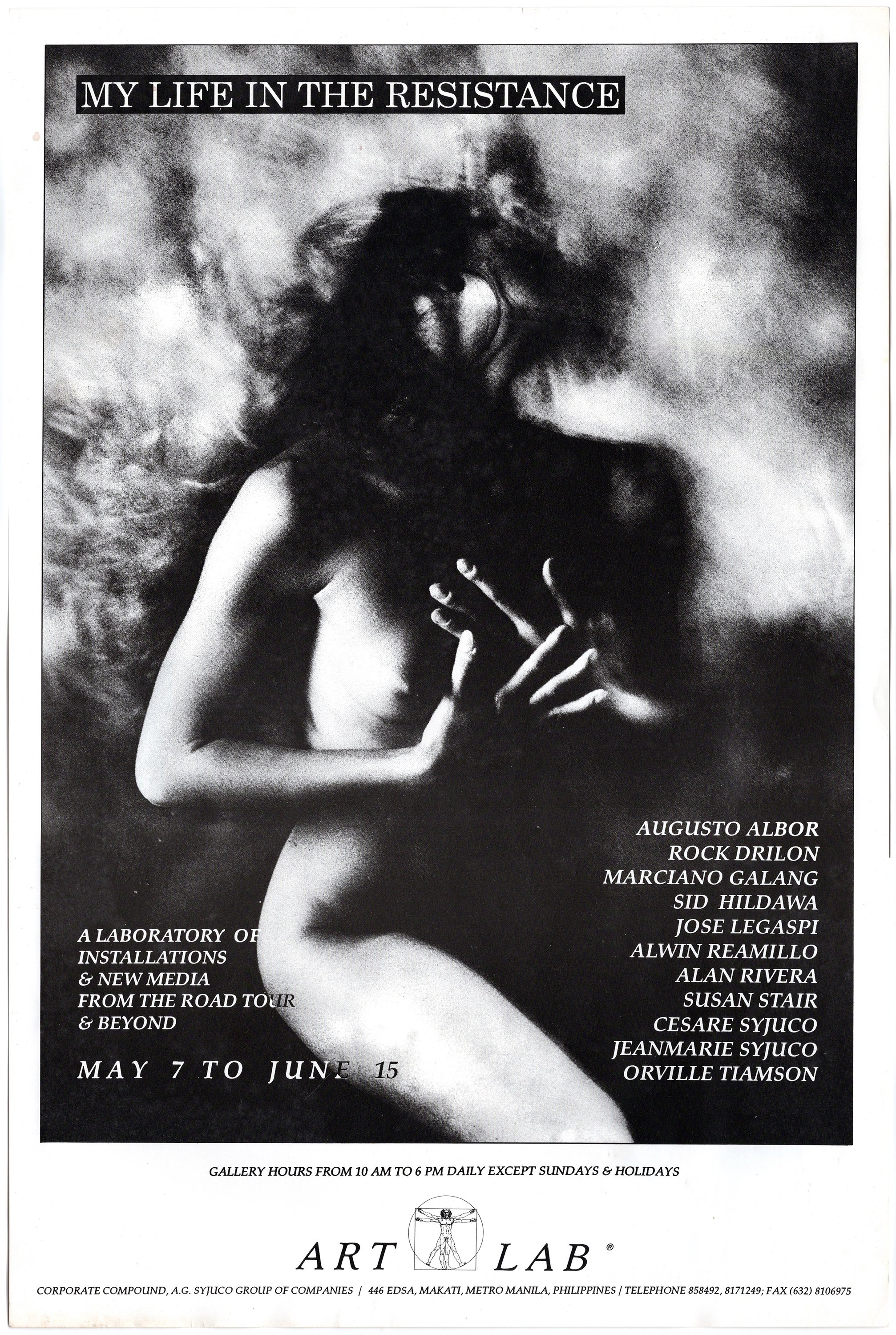 Black and white poster for an art exhibit titled "My Life in the Resistance" featuring a woman with curly hair, holding her hands to her face and looking downward, with text listing various artists and event details.
