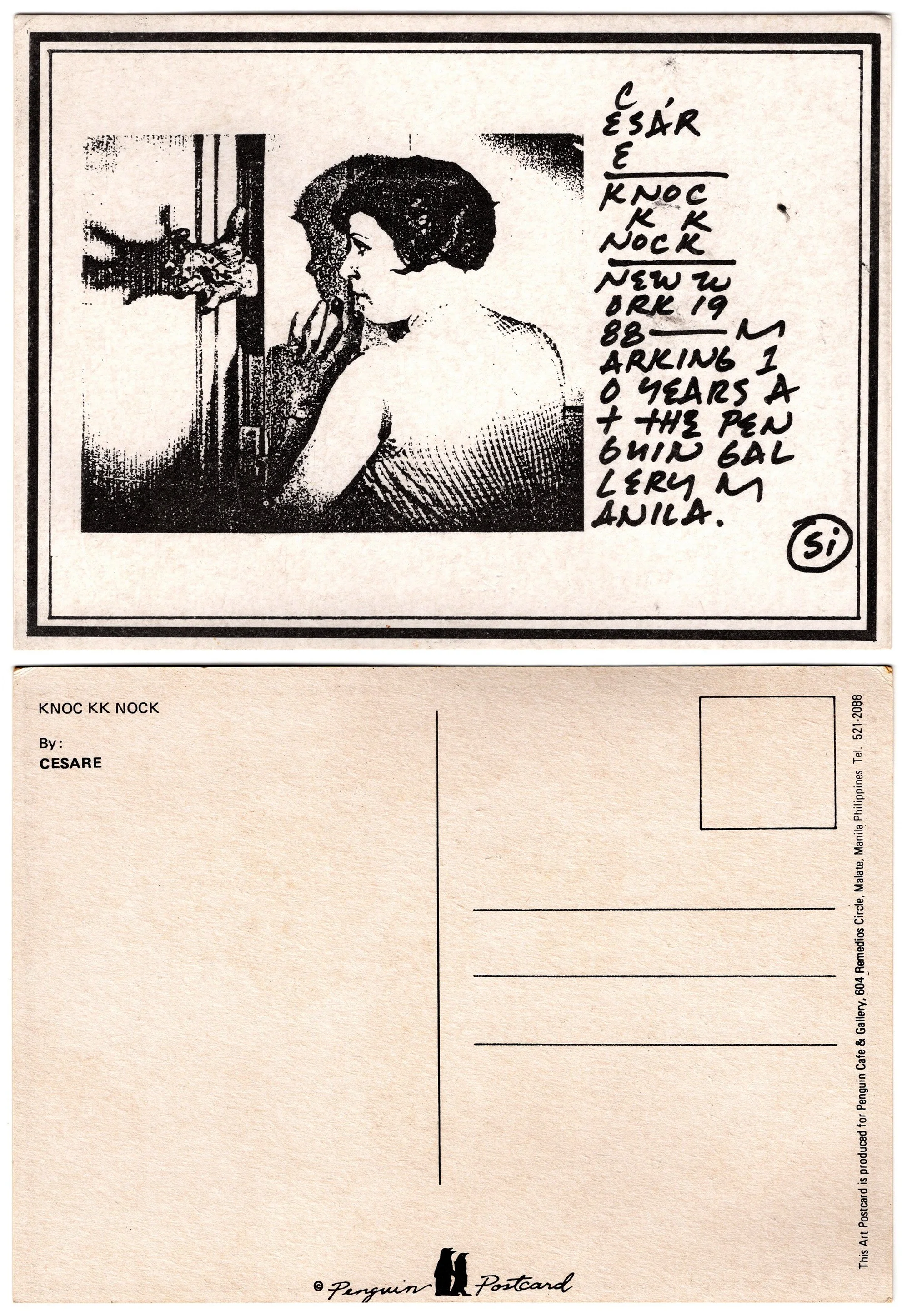 A vintage postcard featuring a black-and-white illustration of a woman with short dark hair and a sleeveless top, looking to her left with her hand near her chin. To the right is handwritten text: 'César, Esar, Kock, Nock, New, Ork, 19, 88, M,arking,