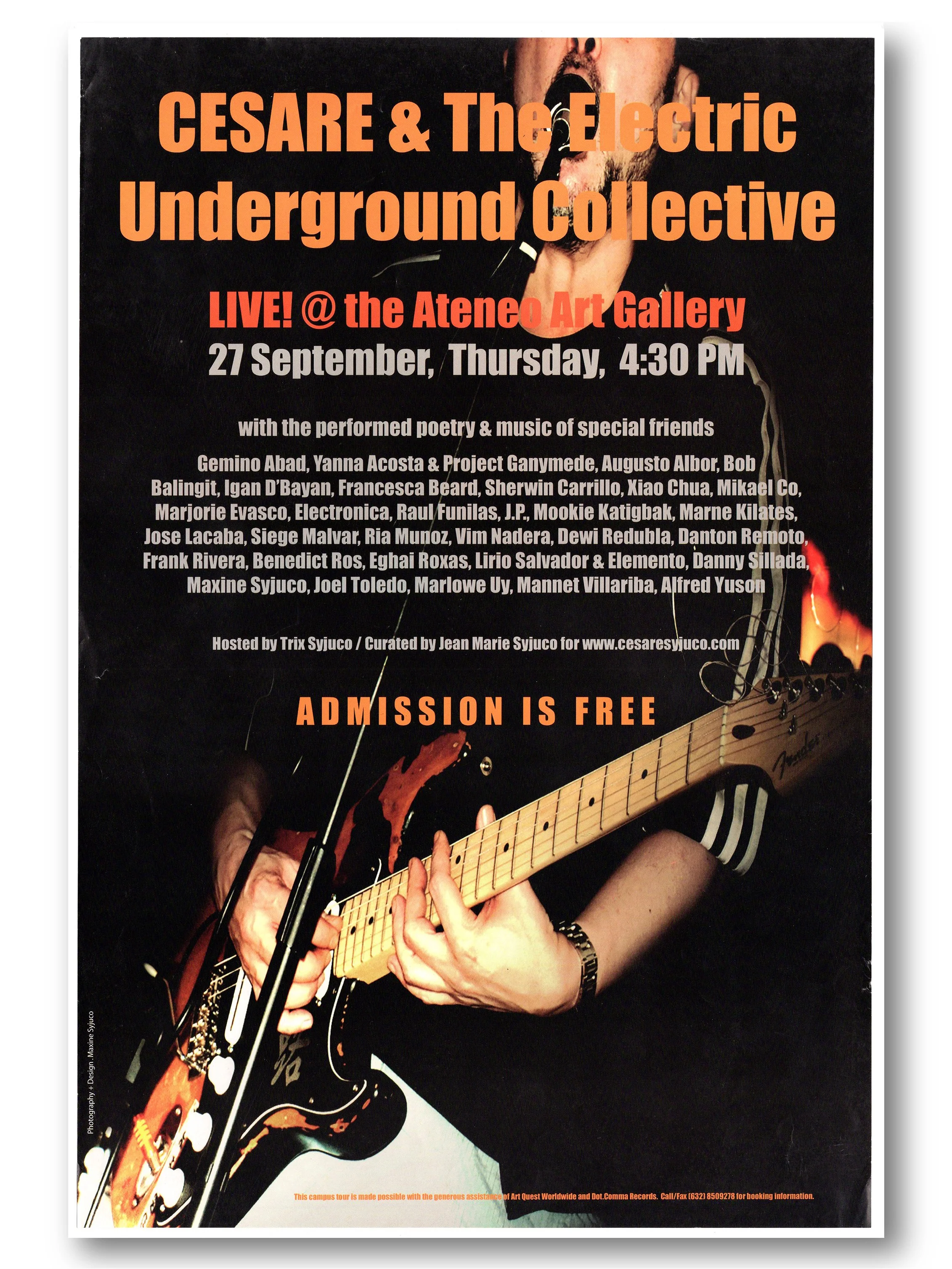 Poster for Cesare & The Electric Underground Collective live music event, featuring a person playing an electric guitar, with text about the event details and performers, at the Ateneo Art Gallery - design by Maxine Syjuco