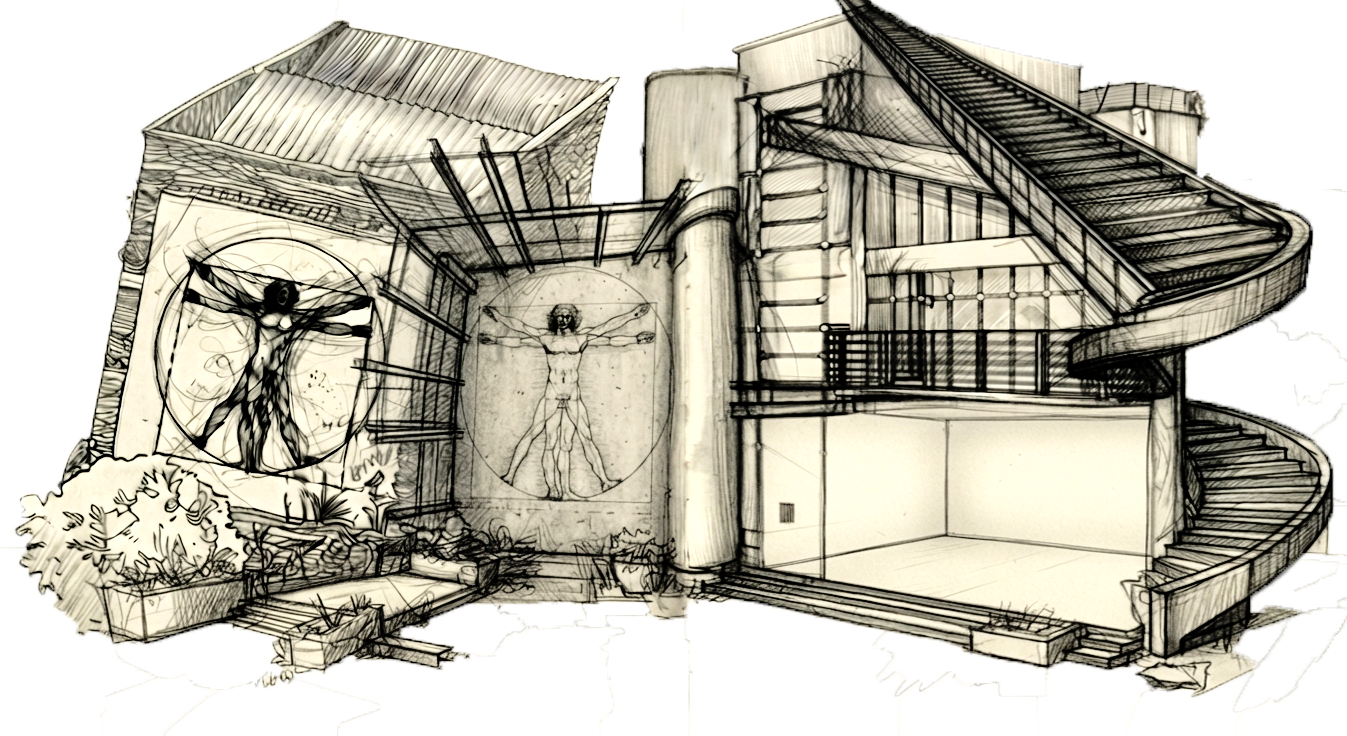 an artistic sketch of Art Lab The Syjuco Museum - before and after - 1990s and 2026 - designed by Maxine Syjuco - architecture by bobby regala and jae narciso