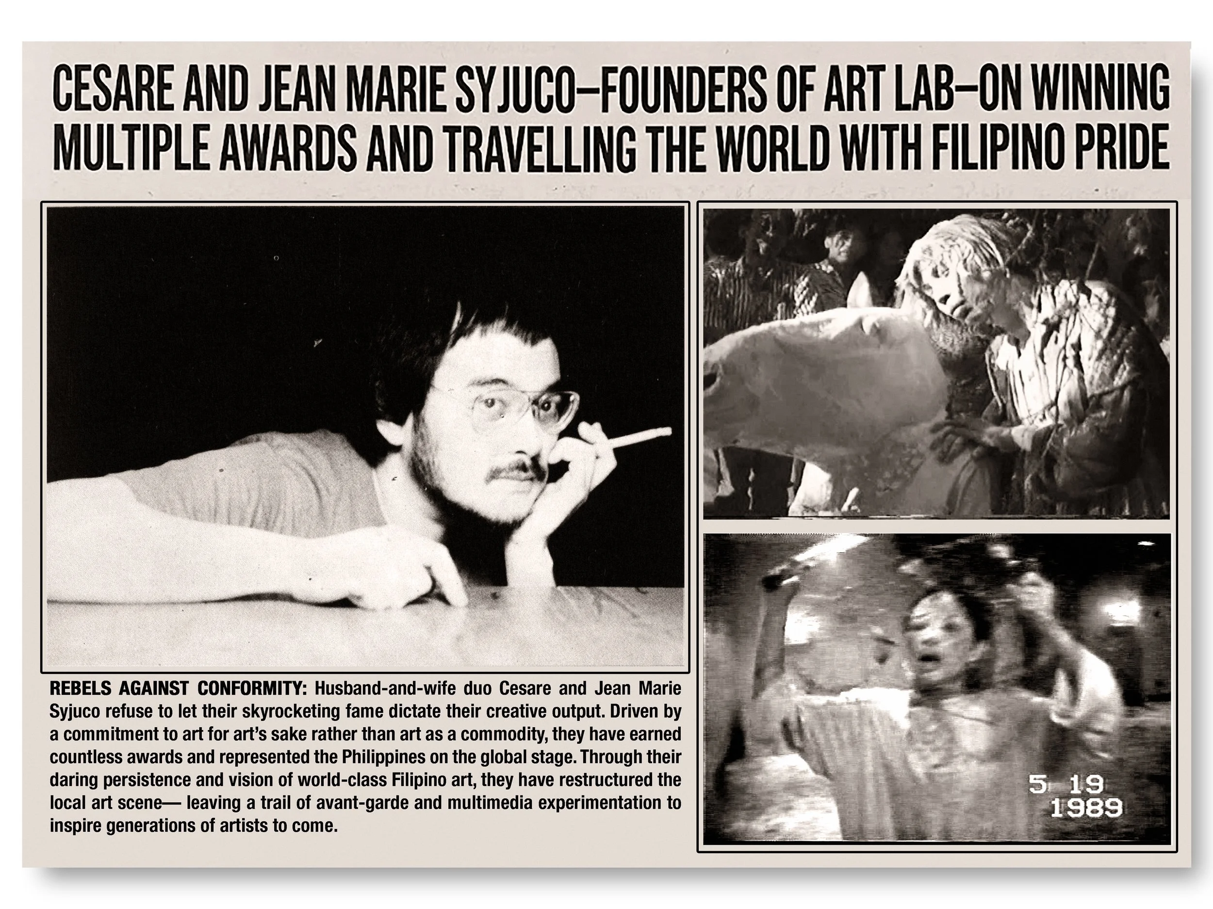 Black and white collage of photos with text at the top discussing Cesare and Jean Marie Syjuco, founders of Art Lab on winning multiple awards and traveling the world to promote Filipino art. The photos feature a man with glasses and a woman with cur
