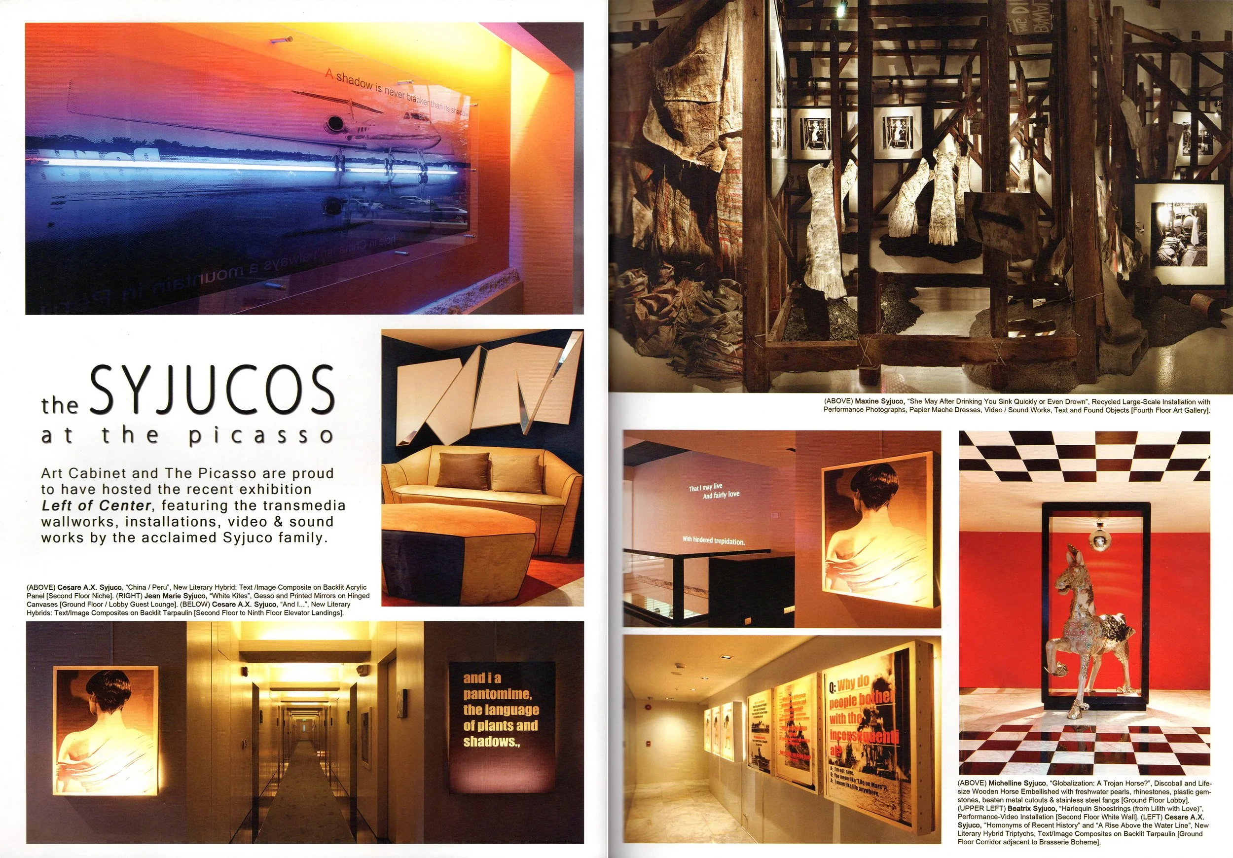 A magazine page showcasing art installations and exhibits at The Syjuco at the Picasso. The images include a colorful wall with a quote, an illuminated hallway, an installation with large rock-like objects and photographs, a sculpture of a horse with