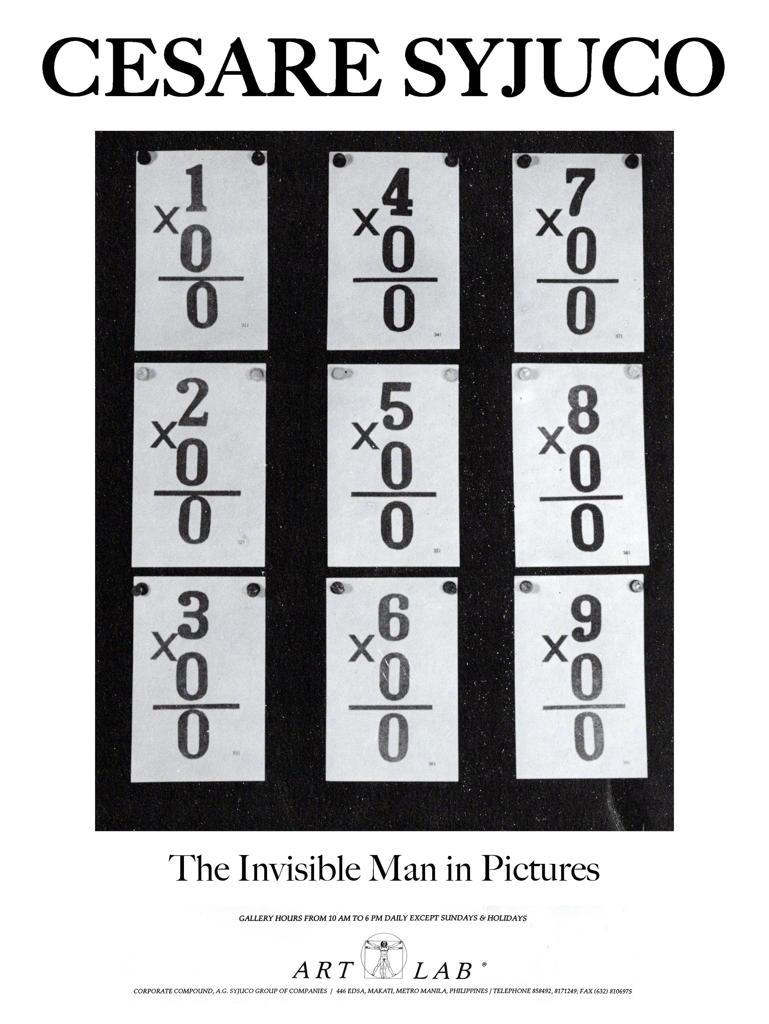 Cover page of an art exhibition titled 'The Invisible Man in Pictures' featuring a black background with six printed images of math multiplication tables, each with a large number and an 'x' symbol, arranged in two columns. The text indicates gallery