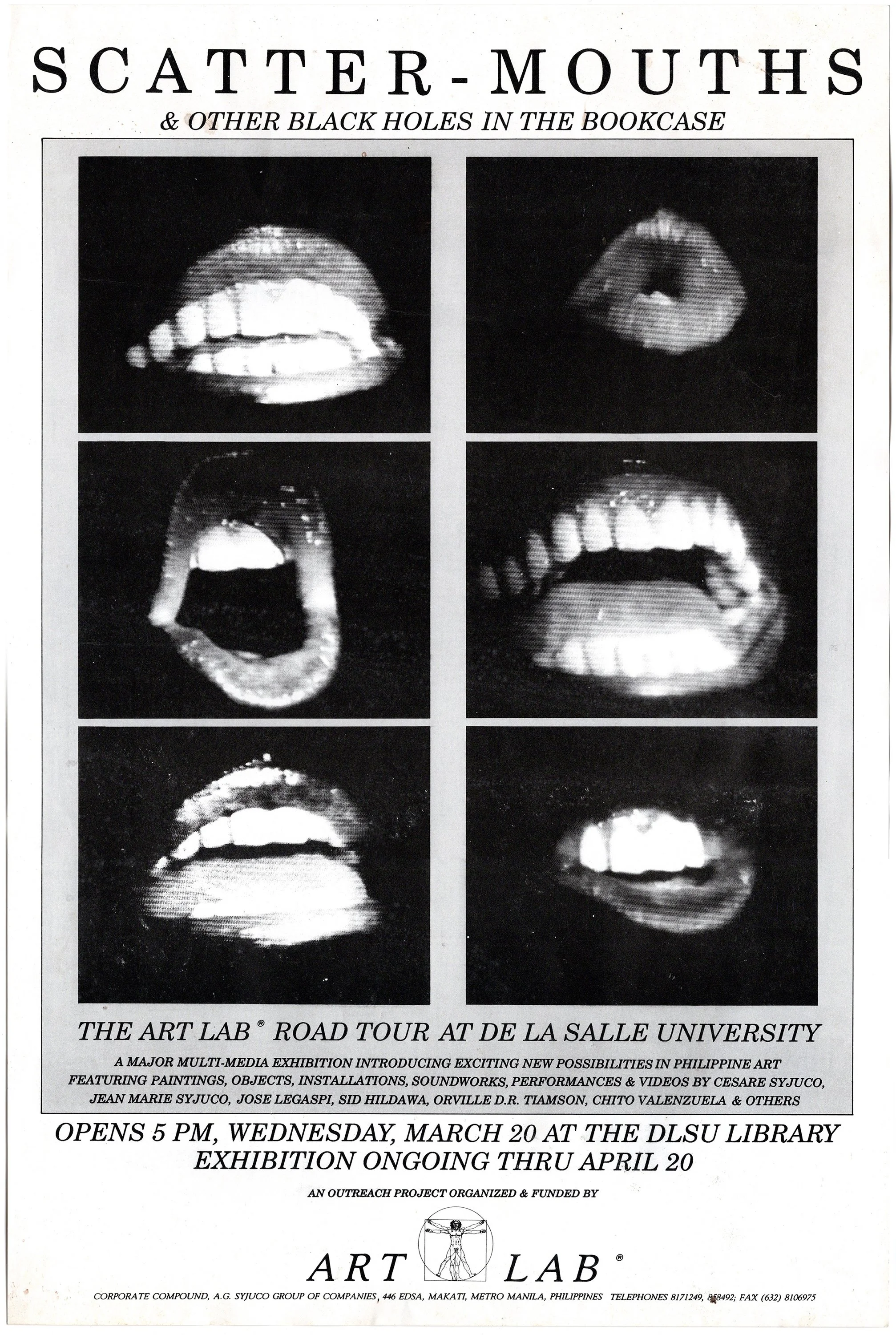 Poster advertising the 'Scatter-Mouths' art exhibit with black and white photographs of mouths expressing various emotions, held at De La Salle University library from March 20 to April 20.