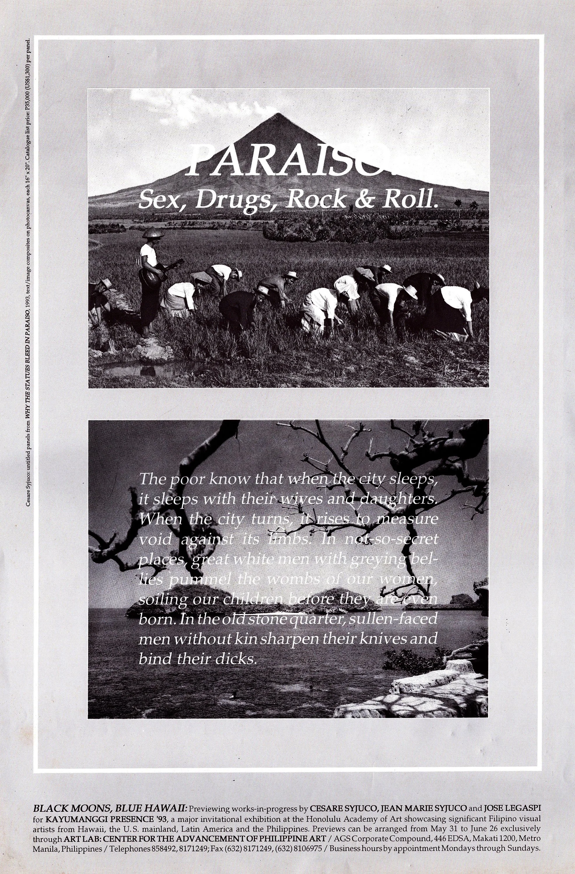 A black and white photograph featuring a large mountain with the text 'PARADISE, Sex, Drugs, Rock & Roll' written across it. In the foreground, there is a group of people working in a field, some wearing hats, with one person holding a guitar.