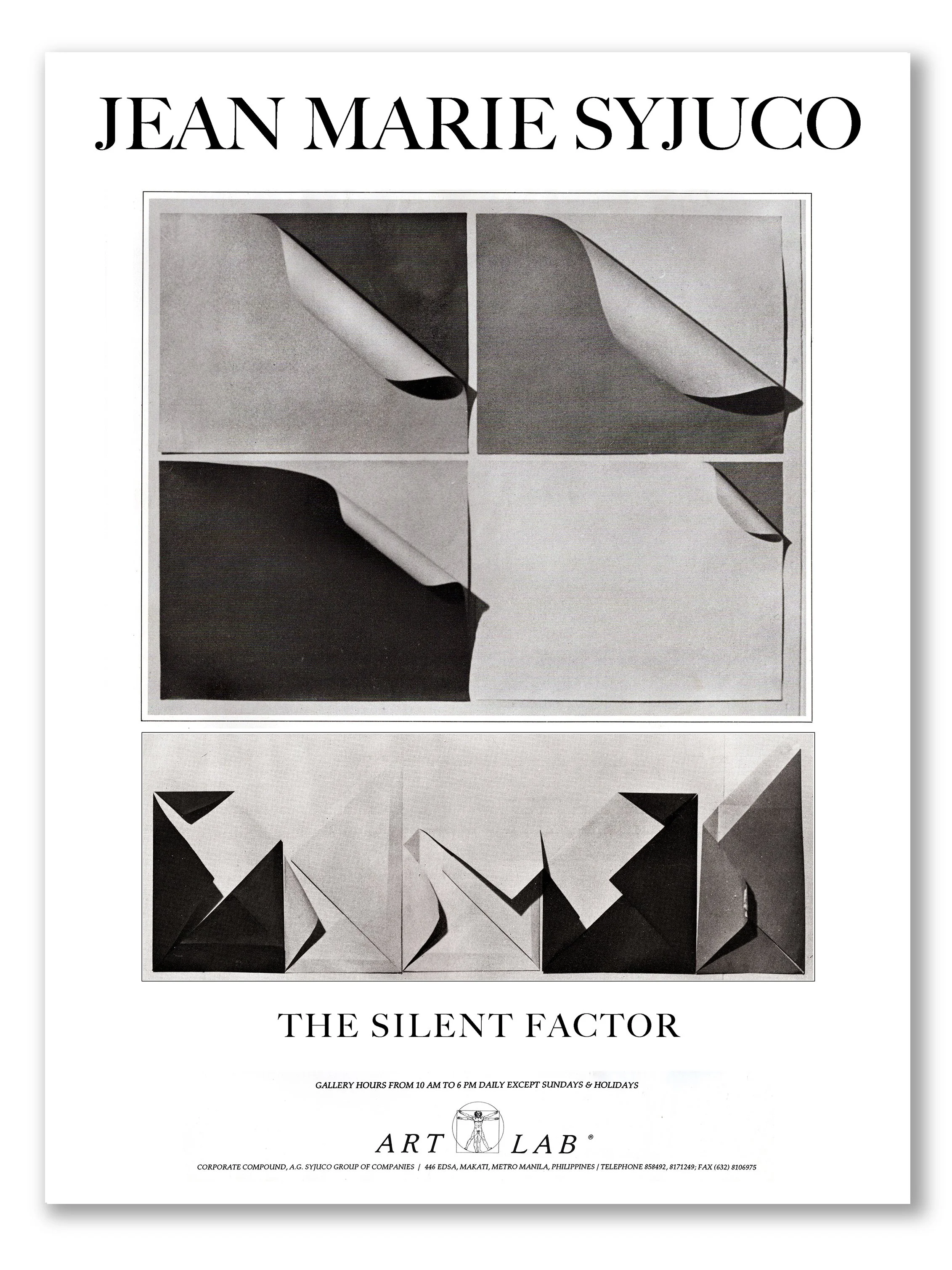 Jean Marie Syjuco poster for her art and exhibit titled "The Silent Factor" at Art Lab - Art Lab The Syjuco Museum