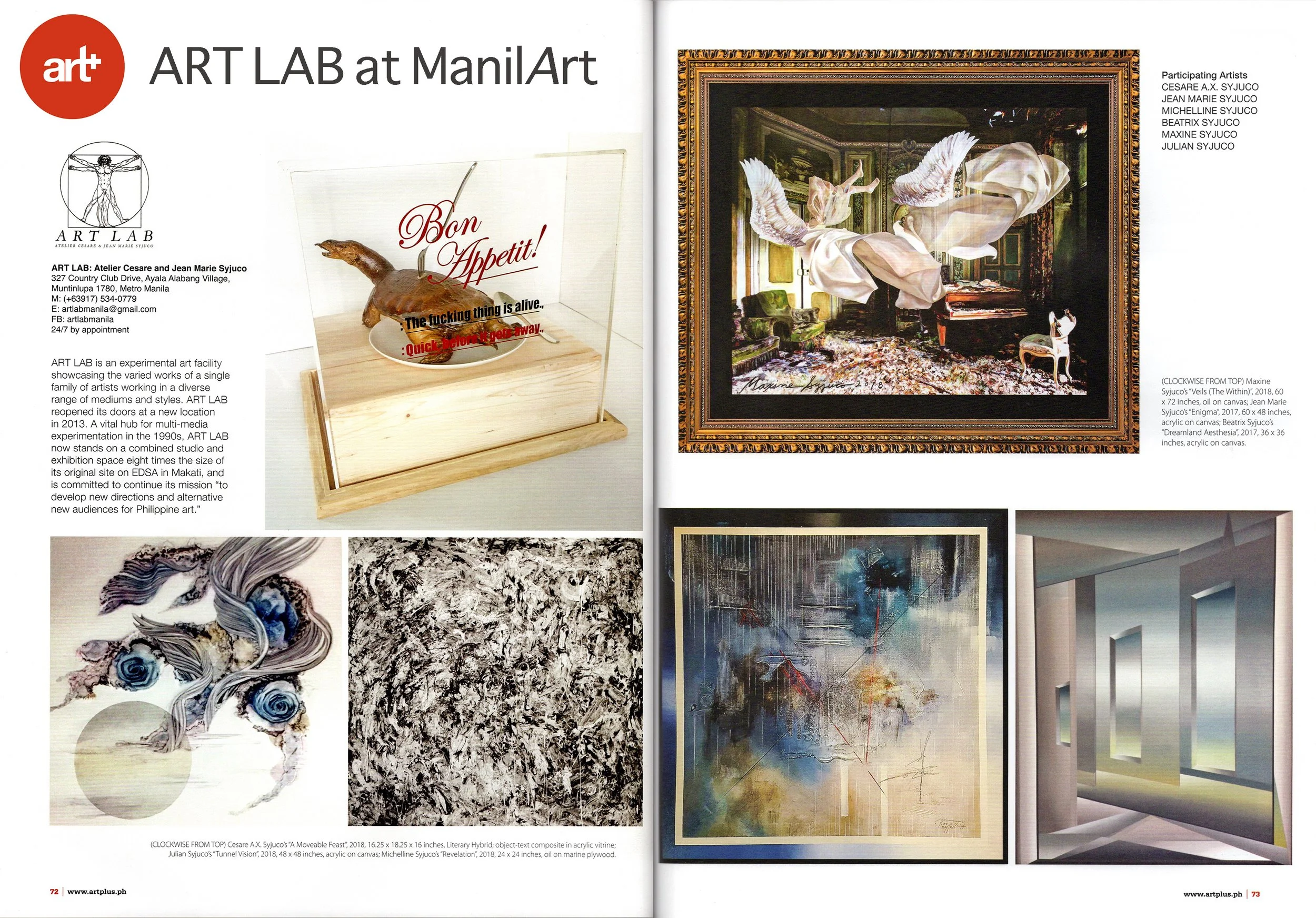 A two-page spread from an art magazine showcasing various contemporary artworks, including a sculpture of a bird with the words 'Bon Appetit!' and some paintings and abstract art pieces.