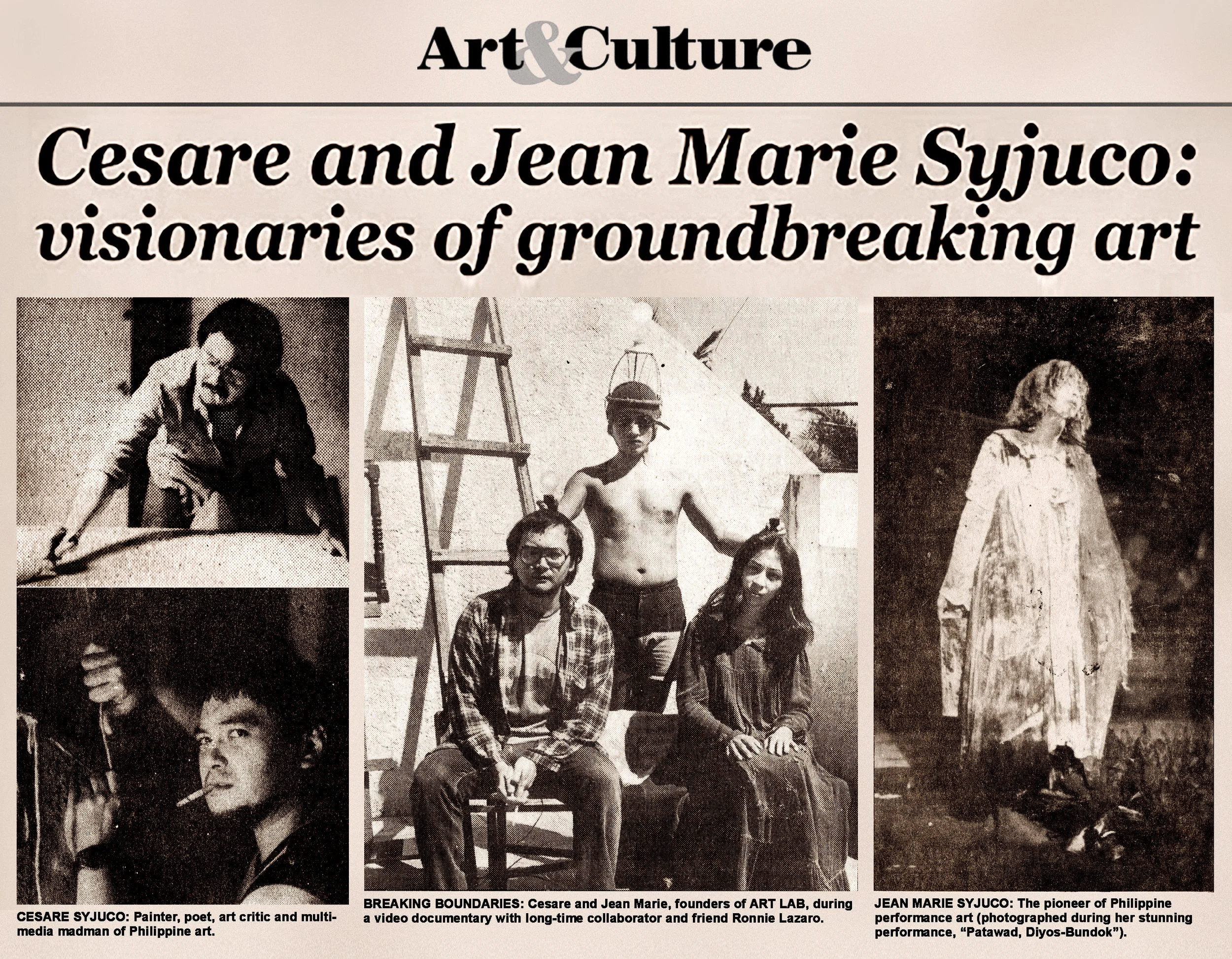 Artists Cesare A.X. Syjuco, Jean Marie Syjuco, and Ronnie Lazaro - magazine feature and news article titled "Cesare and Jean Marie Syjuco: Visionaries of Groundbreaking Art", circa 1990s. Art Lab: The Syjuco Museum. Library and Archives Collection.