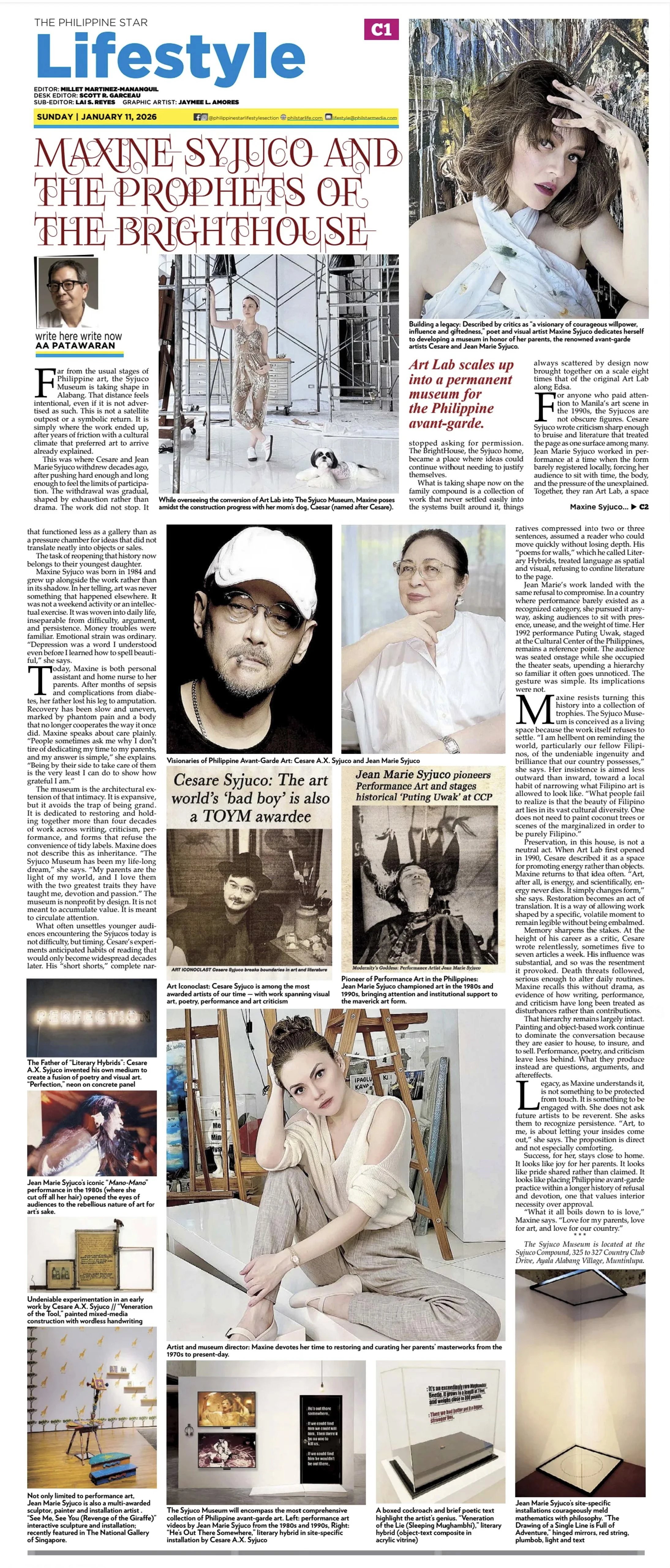 A newspaper page from Lifestyle section of Philippine Star featuring Maxine Syjuco as the museum director for Art Lab The Syjuco Museum - with photos of Maxine Syjuco, Cesare Syjuco, Jean Marie Syjuco in art exhibits images of museum installations