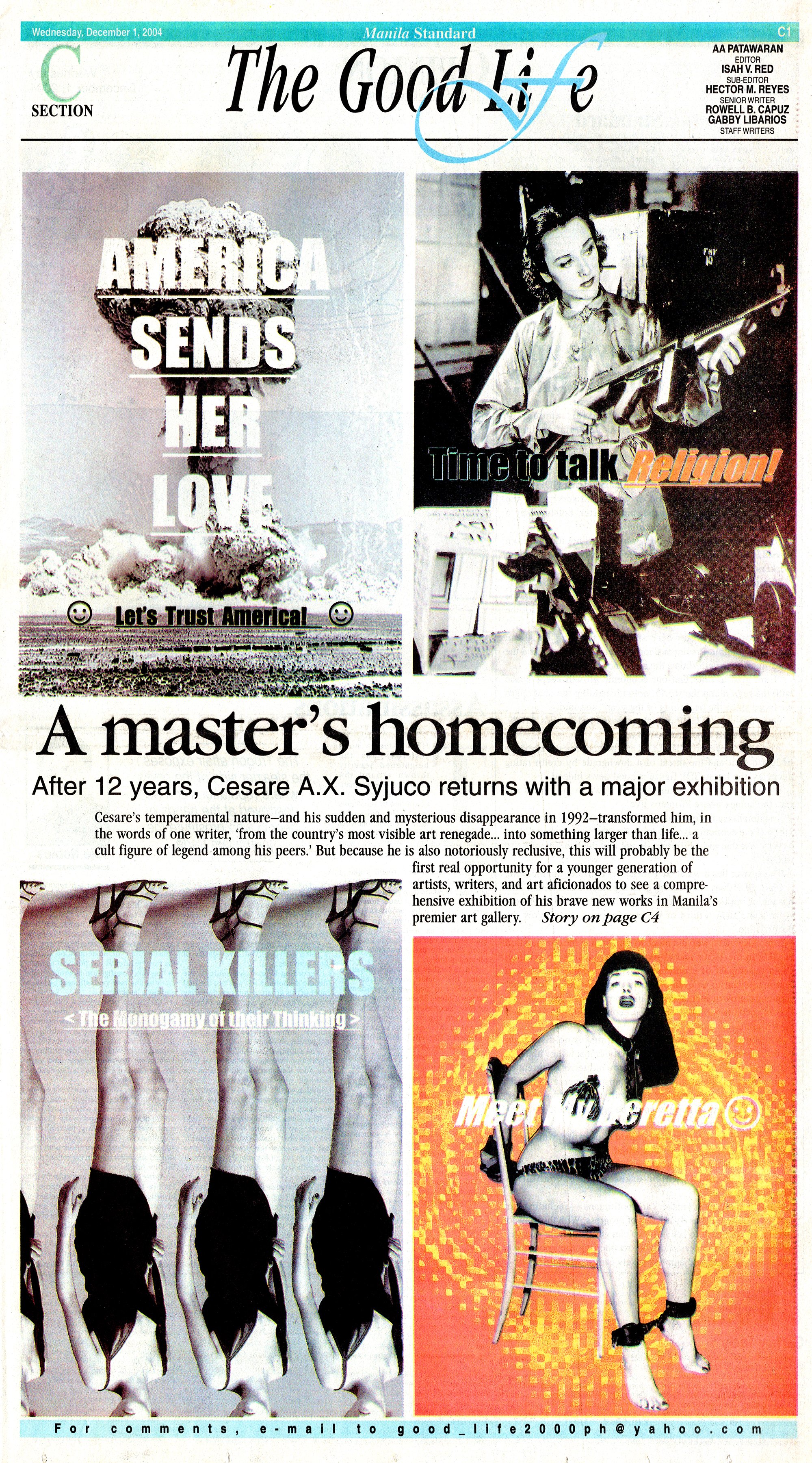 "A Master's Homecoming" - newspaper feature on Cesare A.X. Syjuco and his comeback art exhibition featuring his Literary Hybrids (poems for walls) with neon, installations, etc. at the Cultural Center of the Philippines CCP Art Lab The Syjuco Museum
