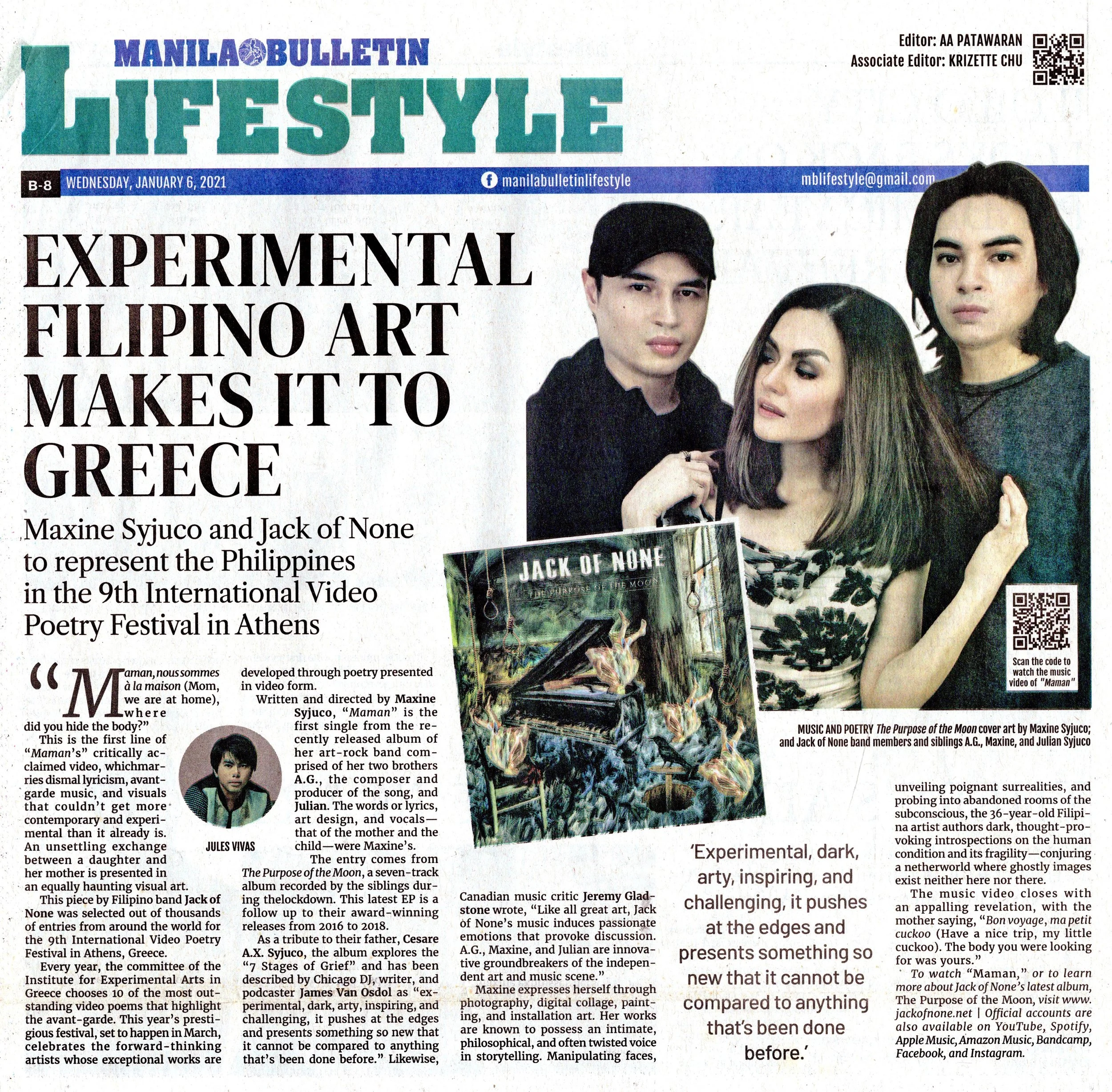 Maxine Syjuco, AG Syjuco and Julian Syjuco of the band Jack of None - Experimental Filipino Art Makes it to Greece - article about Maxine Syjuci winning an award in Greece to represent the Philippines in experimental art and video poetry