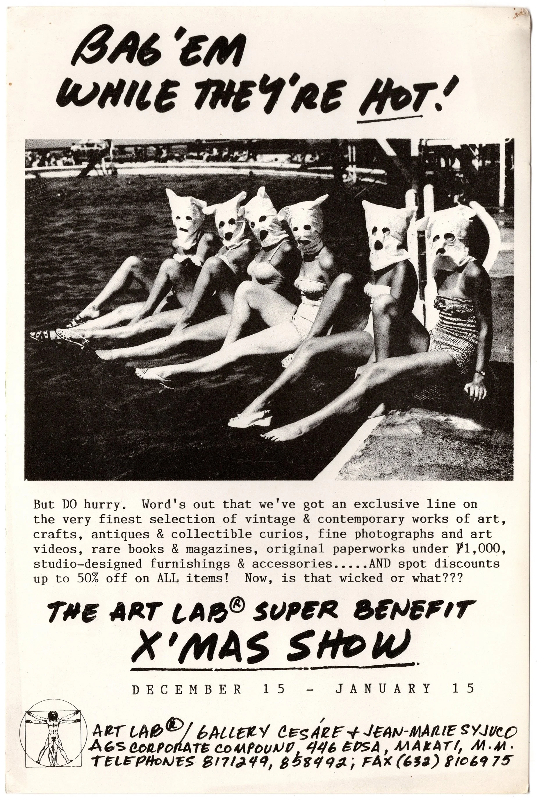 Vintage black and white advertisement for an art show featuring women with dog masks, sitting on the ground by a pool or pond, with promotional text about art, collectibles, and discounts, for a Christmas event at The Art Lab.