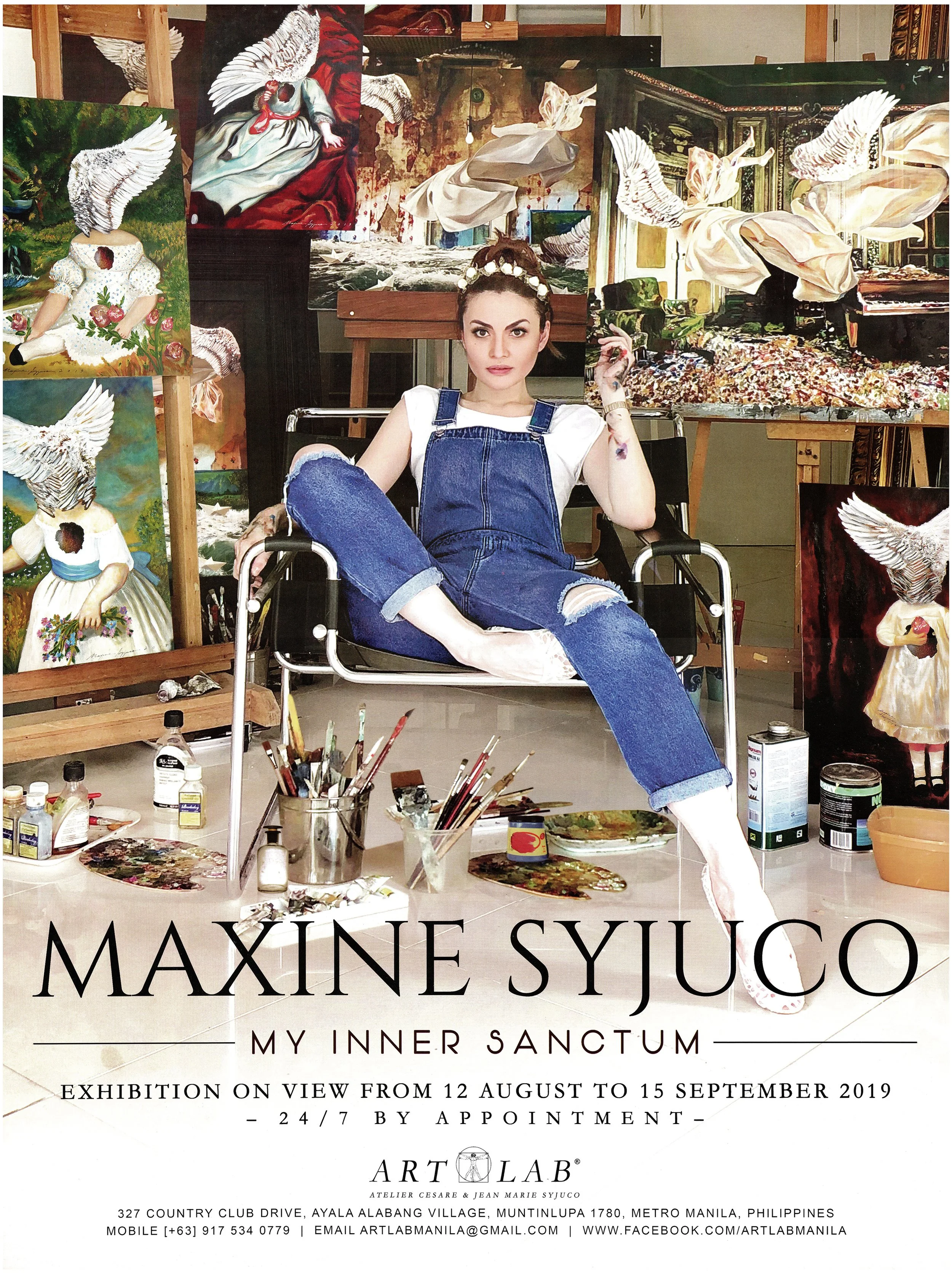 A portrait of artist Maxine Syjuco in an art poster invitation for her exhibit titled "My Inner Sanctum" at Art Lab. The portrait features the artist in her studio surrounded by her paintings. Art Lab: The Syjuco Museum.