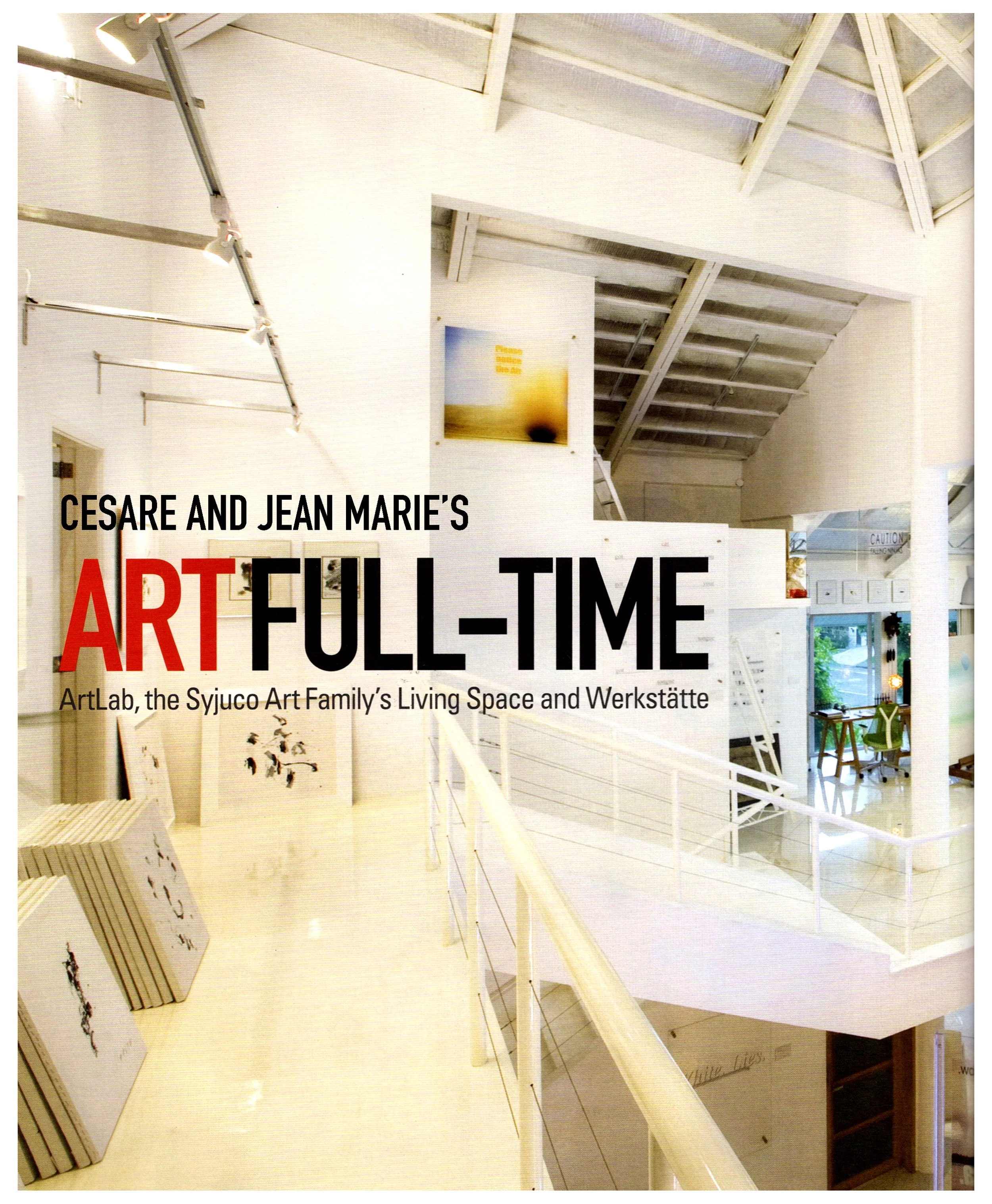 Interior view of an art gallery or museum with white walls, display shelves, and artwork on the walls. There is a staircase to the right and a window allowing natural light. The text on the image mentions Cesare and Jean Marie's artful time and descr